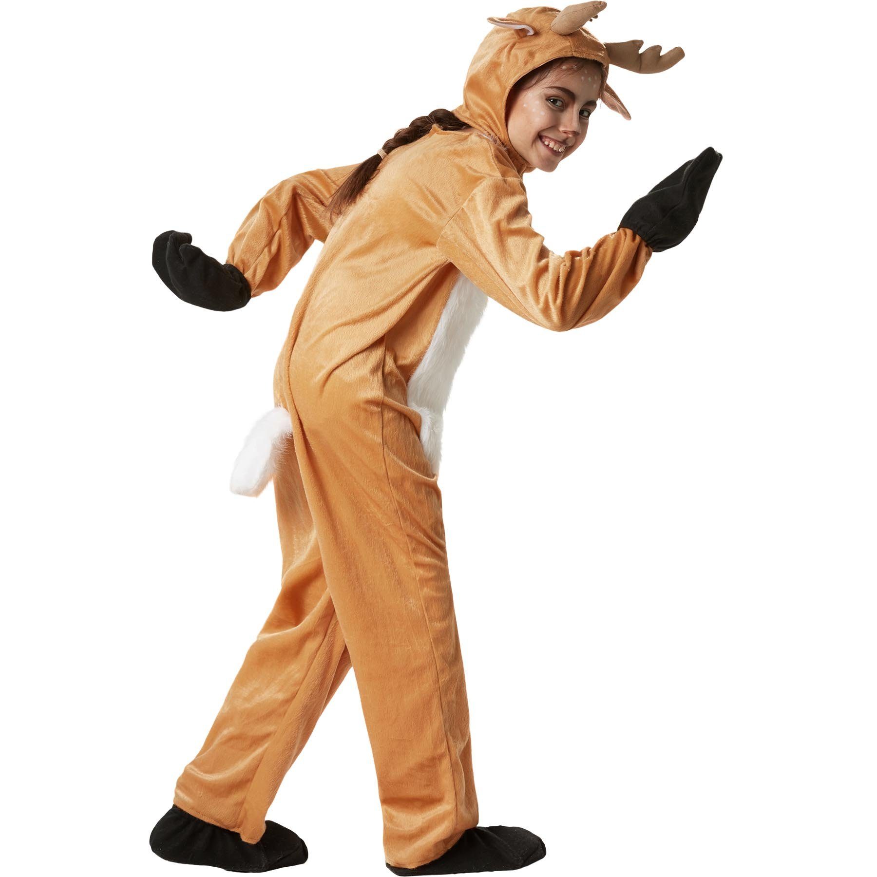 dressforfun Kostüm Hirsch/Bambi, in braun/weiß, Kapuze mit Ohren- sowie einem, Gr. 140 (9-10 Jahre), Handschuhe und Schuhe aus Filz mit Gummizug