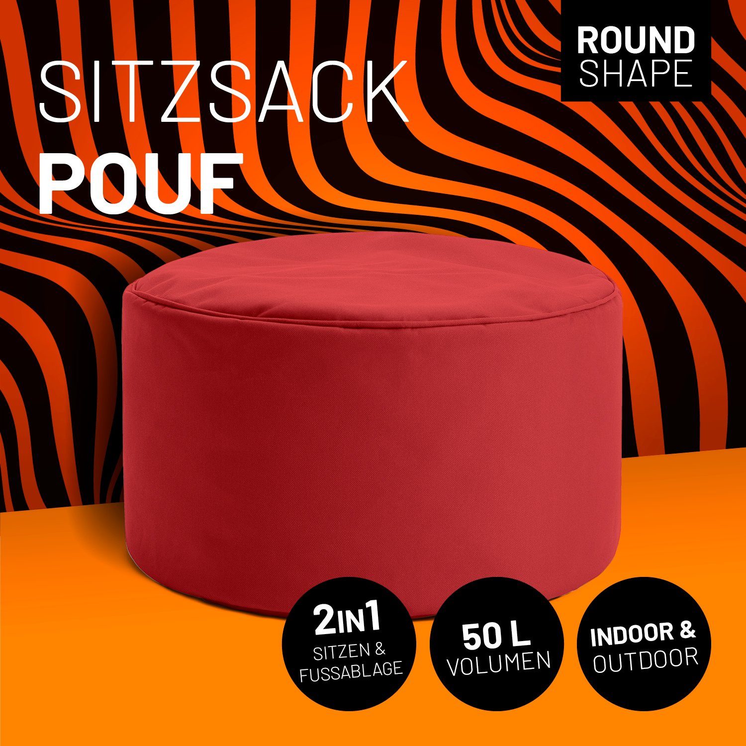 Pouf Sitzsack Lumaland rot 25x45cm kompakt 5 Tisch, Jahre 50L in- Garantie Outdoor, Fußsack Hocker, & &