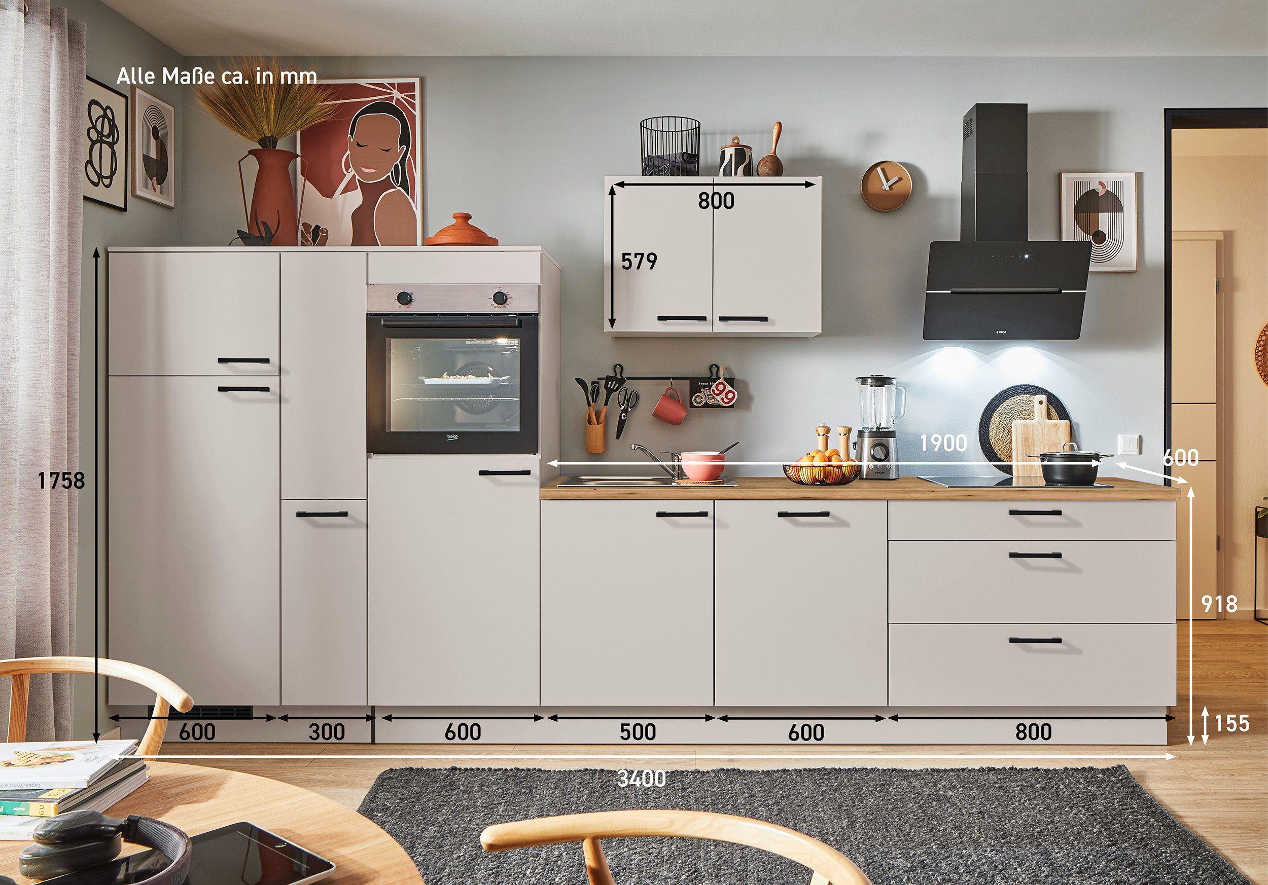 pino Küchenzeile Warde, individuell anpassbar, gratis Küchenplanung mit Profis, (Breite 340cm), vormontiert, wahlw. mit E-Geräten, Preis inkl. Lieferung