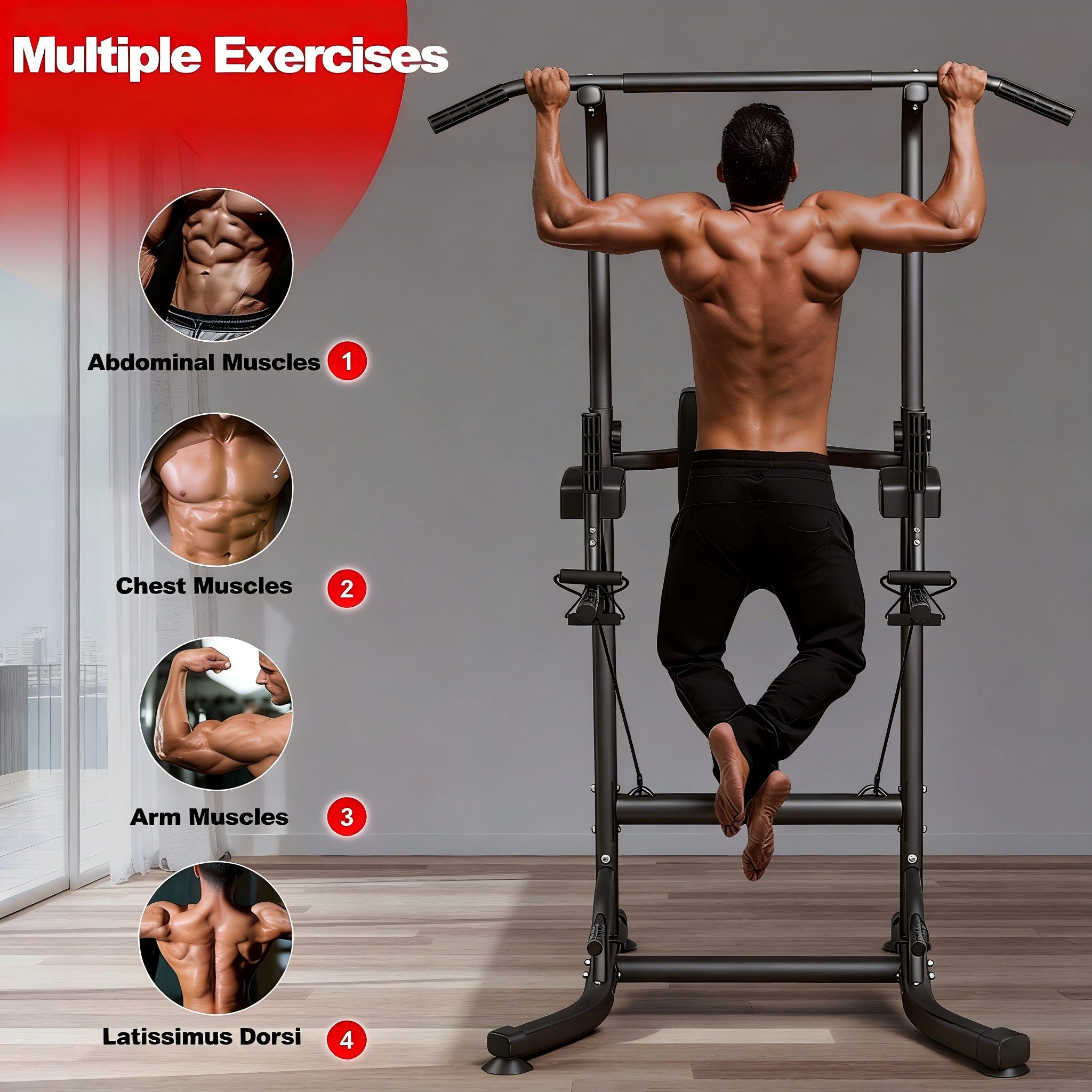 Gywowken Kraftstation Multifunktional Power Tower Dip Station - Fitnessstation, (Packung, Ergonomisch Kraftstation - mit Klimmzugstange für Zuhause), 12-stufige Höhenverstellung 170–220 cm - 6-fach Rückenlehne