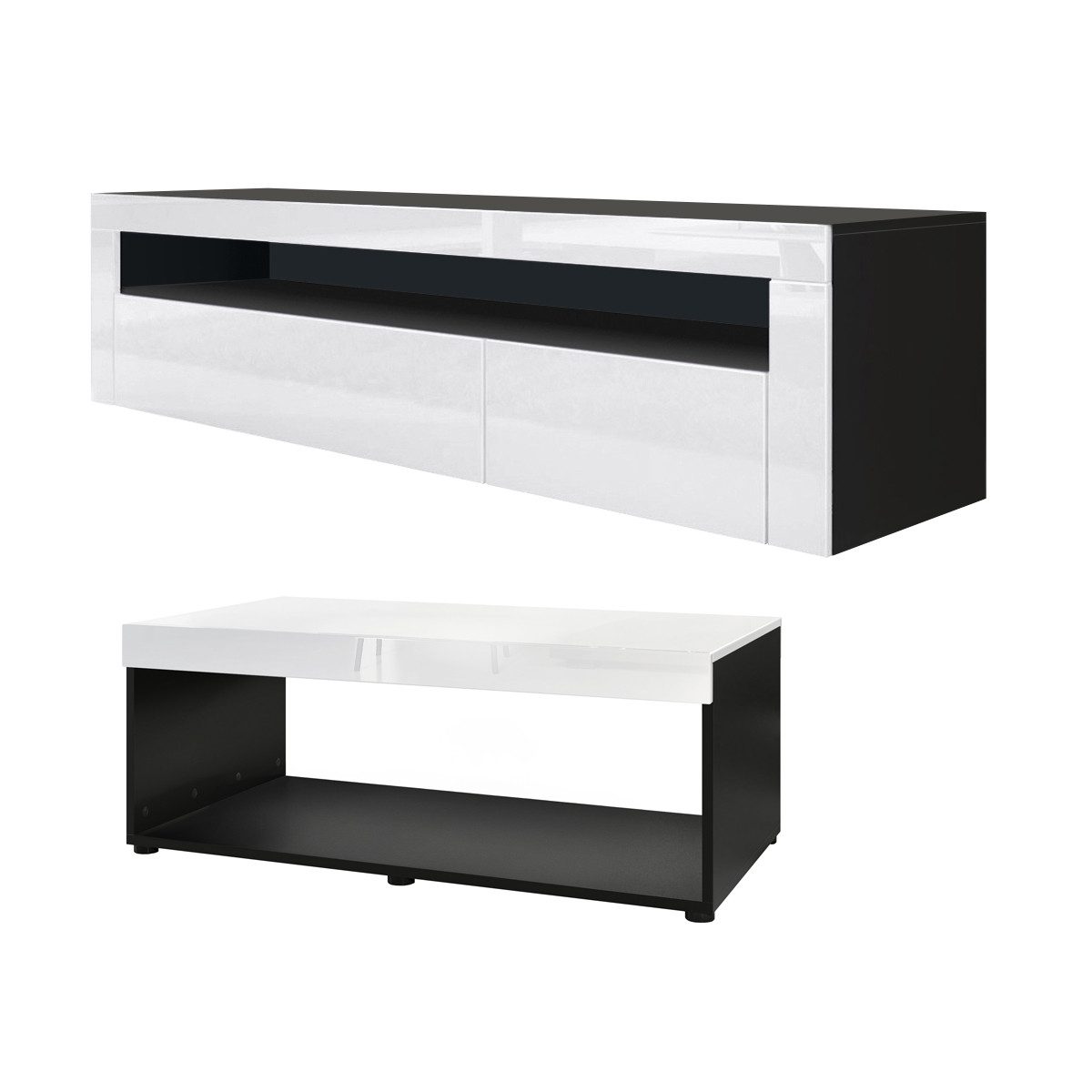 Vladon Wohnwand Berlin, (Wohnzimmer-Set, bestehend aus 1 TV Board und 1 Couchtisch), Schwarz matt/Weiß Hochglanz