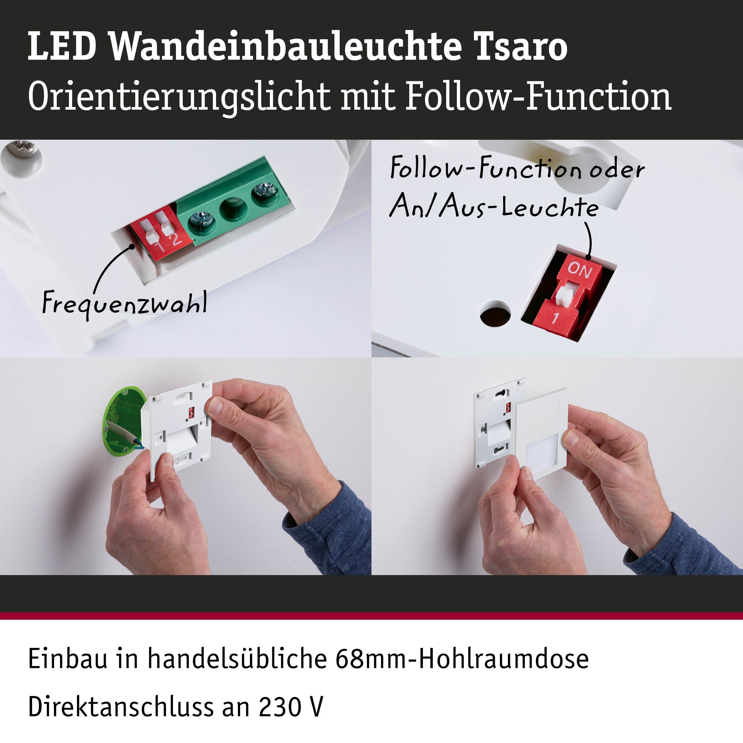 Paulmann LED Einbauleuchte LED Wandeinbauleuchte Tsaro eckig 80x36mm, LED fest integriert, Warmweiß