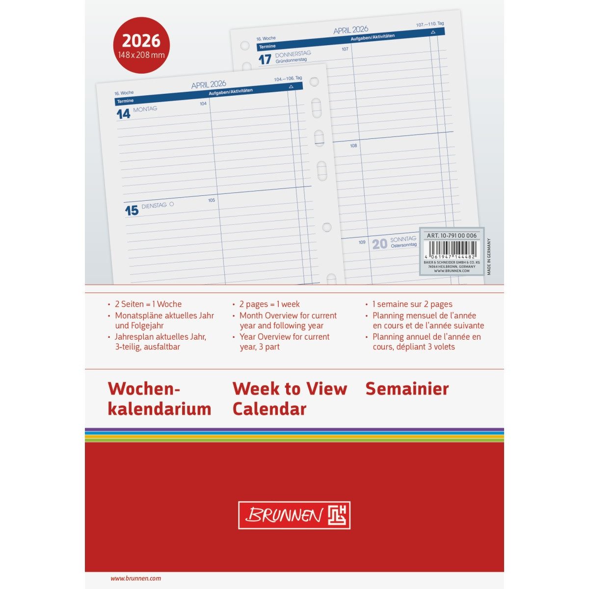 BRUNNEN Terminplaner Wochenkalendarium 14,8x20,8cm A5 1 Woche/2 Seiten 2026 (3 Stück)