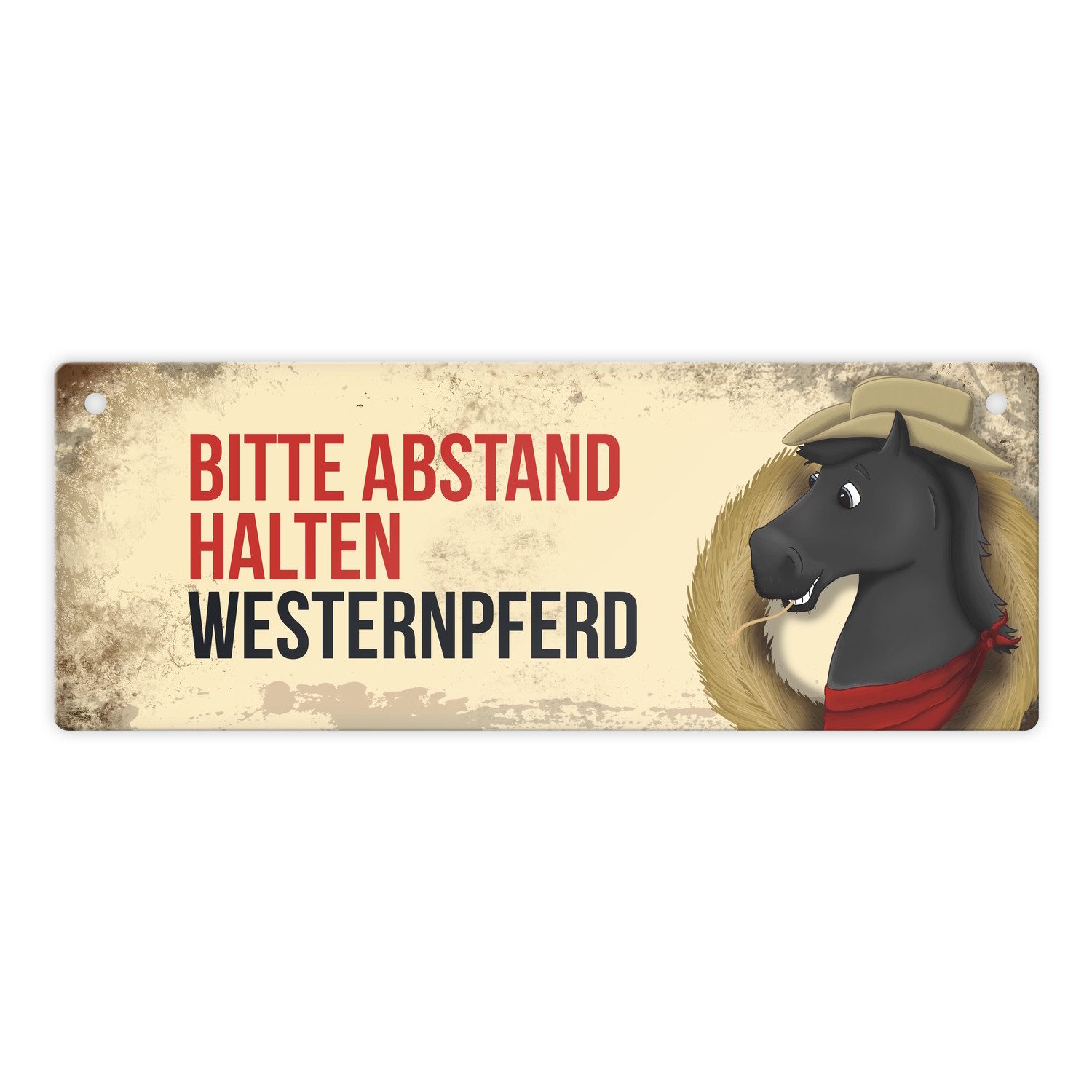 Metallschild Metallschild mit schwarzem Westernpferd Motiv und Spruch: Bitte