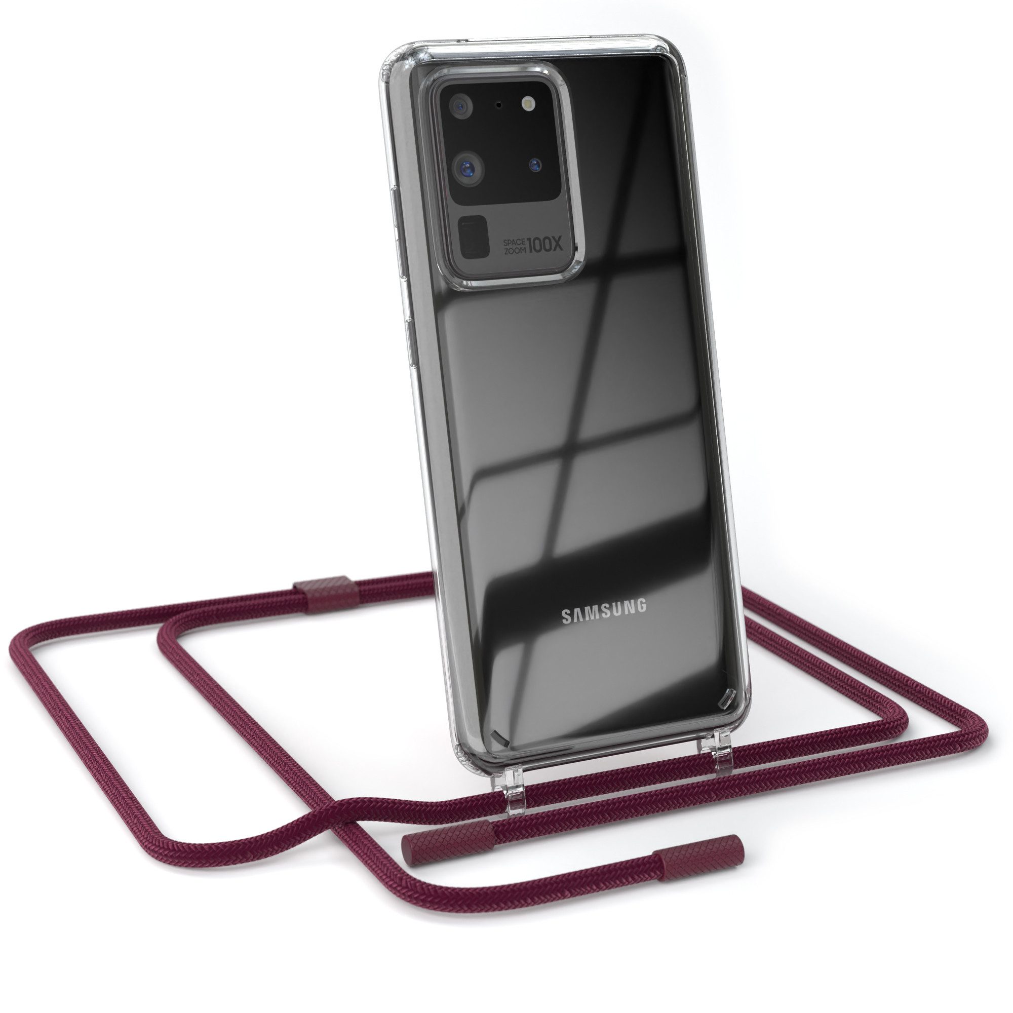 EAZY CASE Handykette Silikon Kette Unifarbe für Galaxy S20 Ultra / 5G 6,9 Zoll, Silicon Handyhülle mit breiter Kette Carabiner Bordeaux Rot Beere