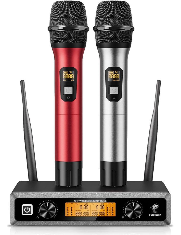 TSE Mikrofon TONOR TW820 Silber Rot UHF Funkmikrofon Set 2 Handmikrofone Karaoke