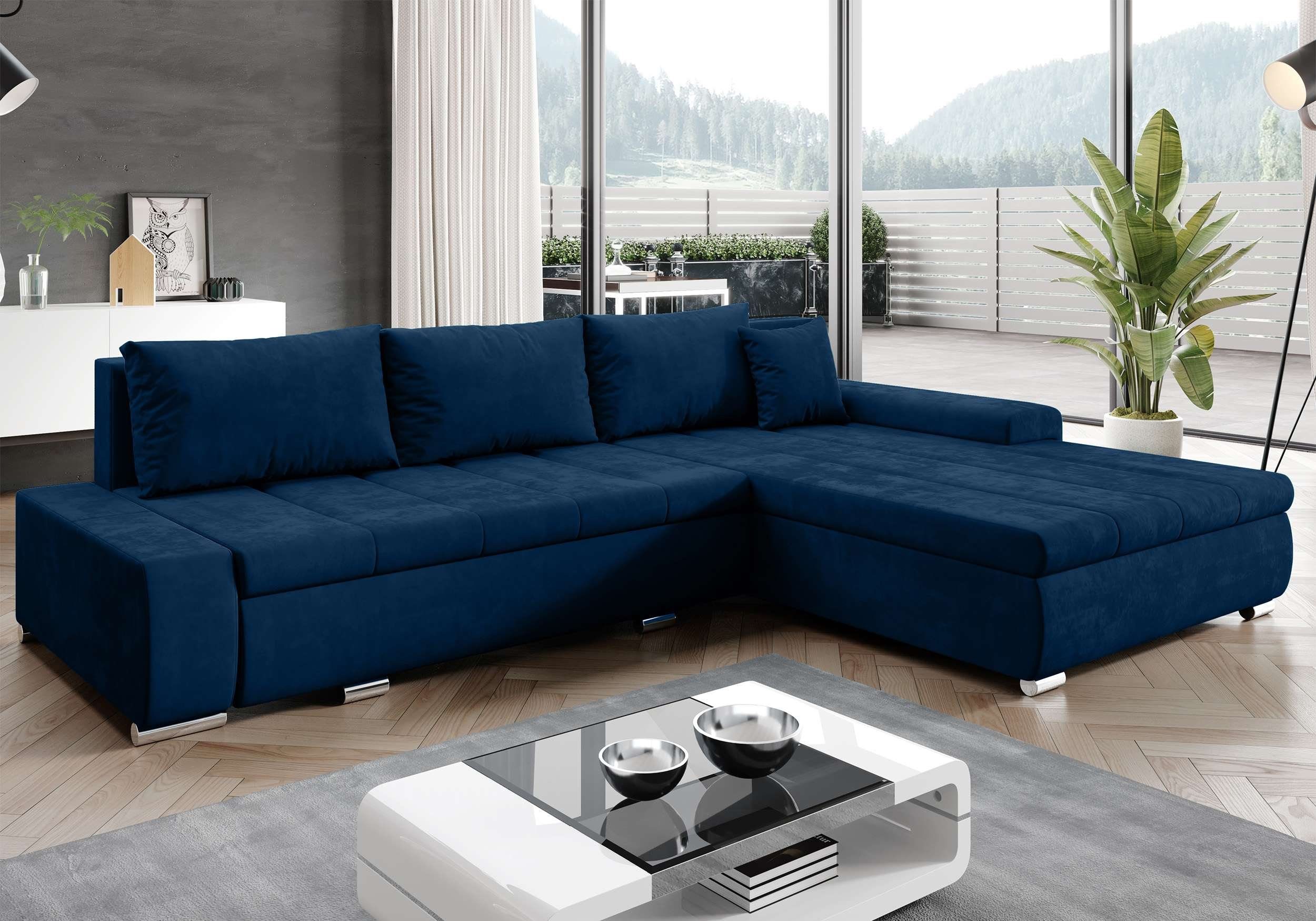 Furnix Ecksofa TOMMASO Sofa Schlaffunktion mit Bettkasten Kissen Couch, B297 x H85 x T210 cm, hochwertig, Made in EU Dunkelblau Stoff MH77