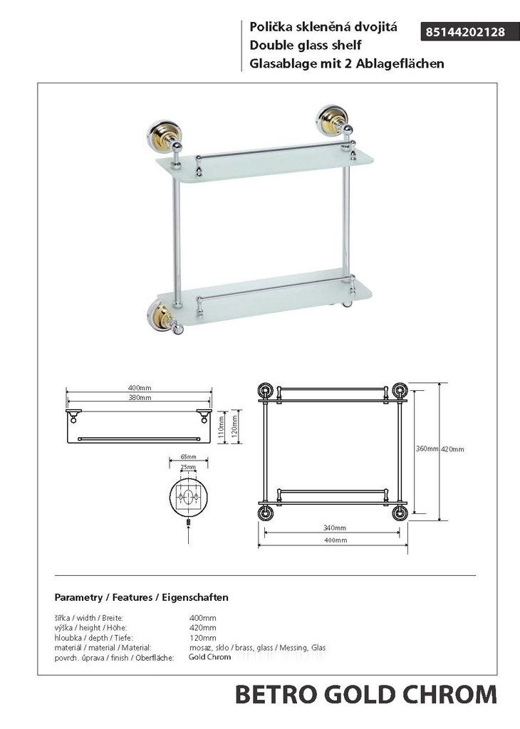 BRILLANTBAD® Duschregal BETRO GOLD Glasablage 2 Flächen Messing Gold Chrom Bad & WC >> Bohren