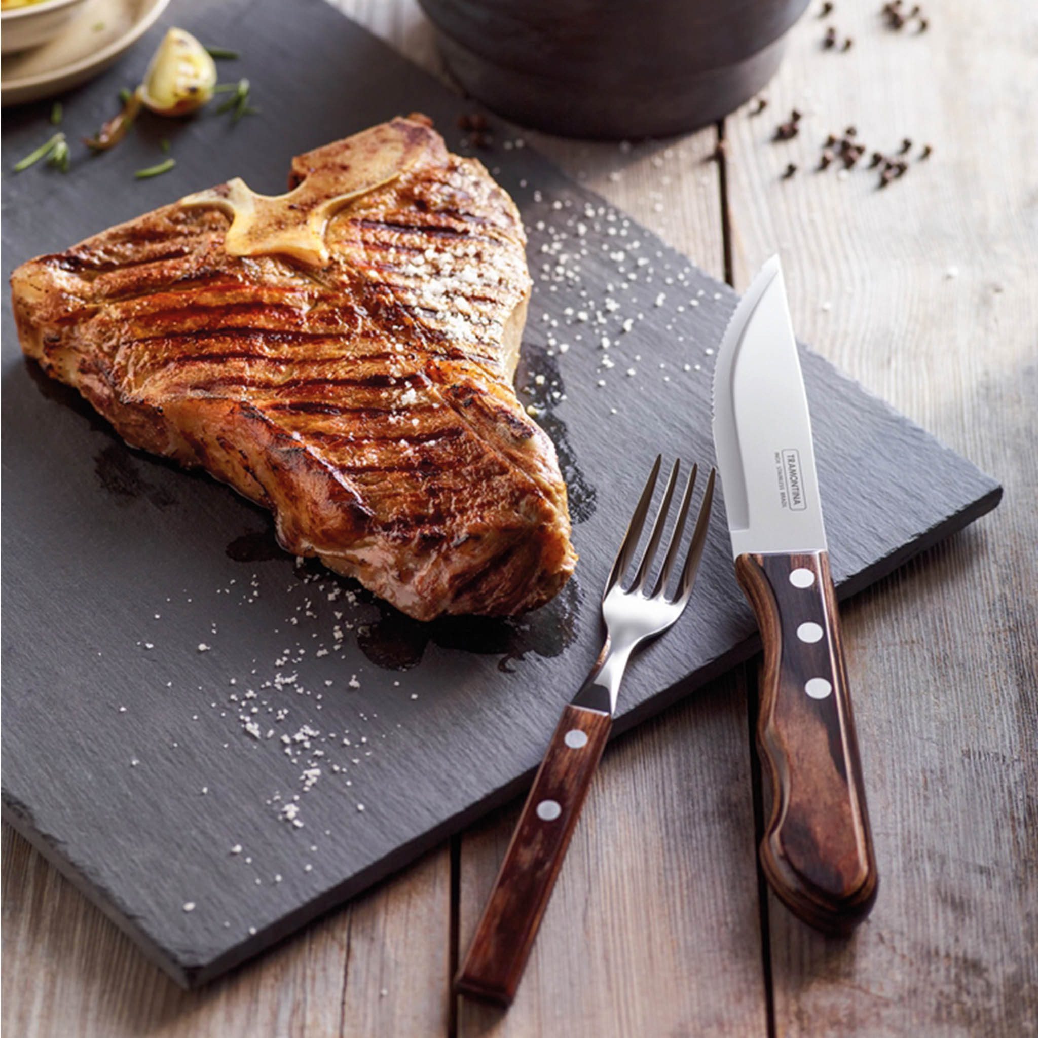 Tramontina Steakmesser JUMBO - 6 teiliges Set mit FSC Holzgriff (6 Stück), Echtholzgriff, rostfreier Edelstahl, spülmaschinenfest