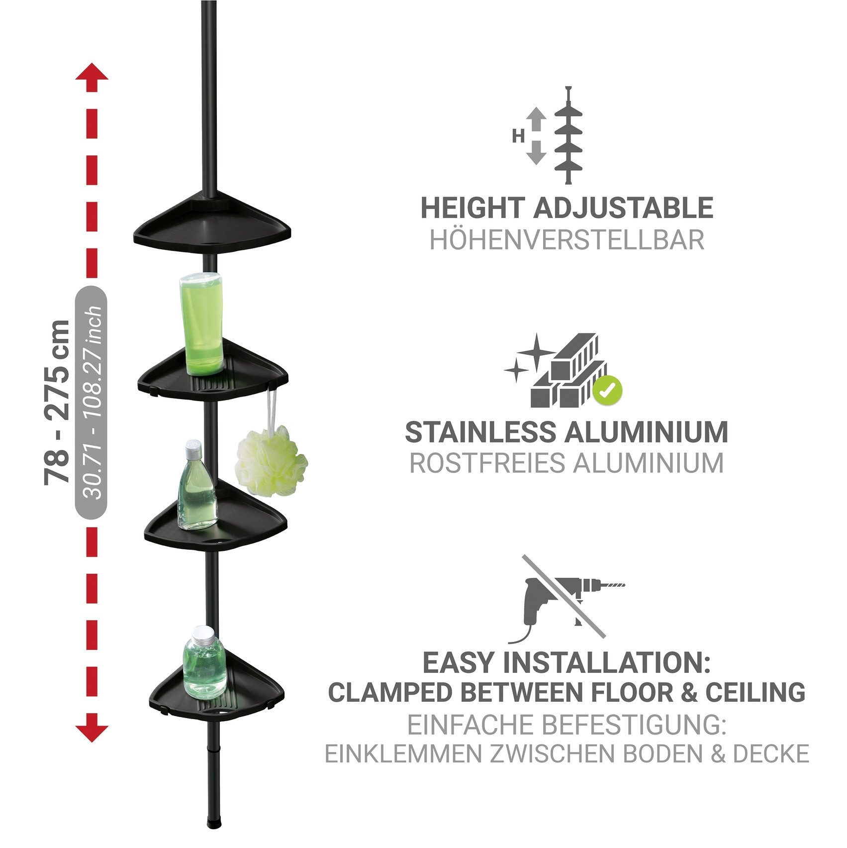 WENKO Duschregal Compact, Eckregal mit 4 Ablagen und 8 Haken, Montage ohne Bohren, Aluminium