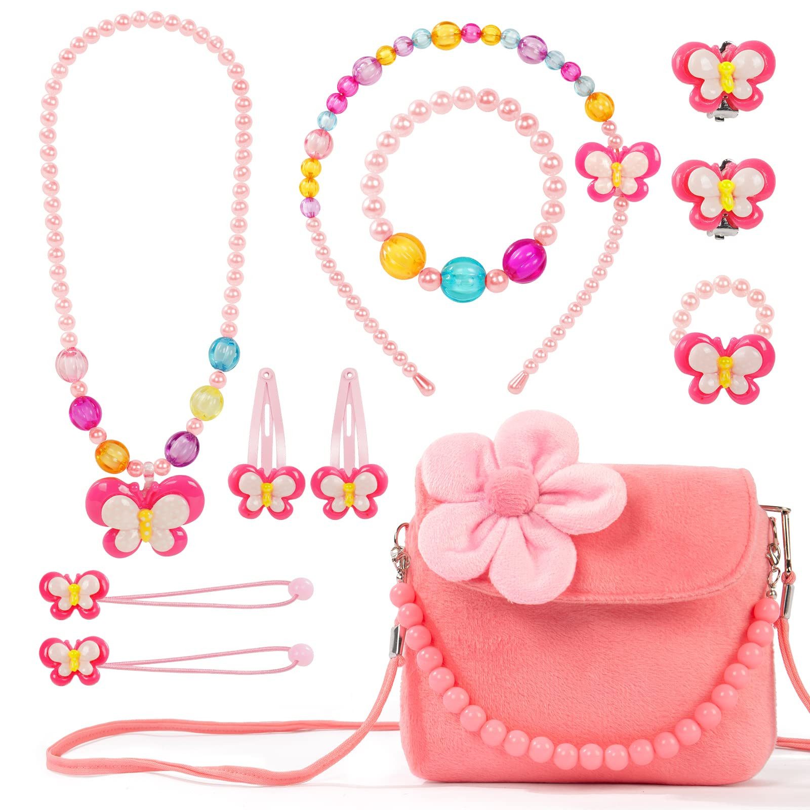 FOUORTUNATE-BEE Kreativset Mädchen Plüsch-Handtasche mit Schmuckset, Rosa Party Geschenk, Kuschelige Tasche mit Halskette, Armband & Ring für Kinder