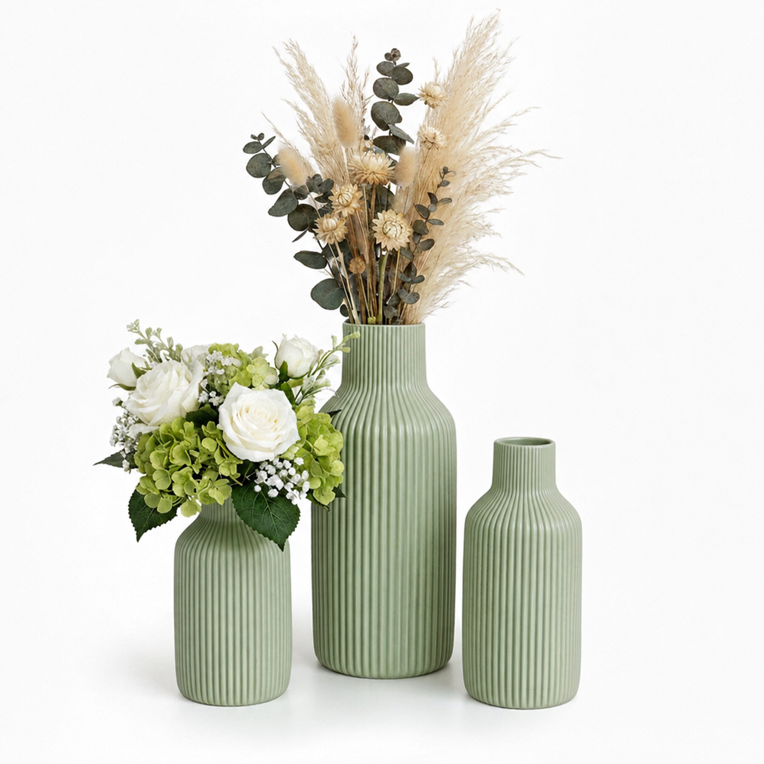 relaxdays Tischvase Vasen 3er Set aus Keramik, Salbei