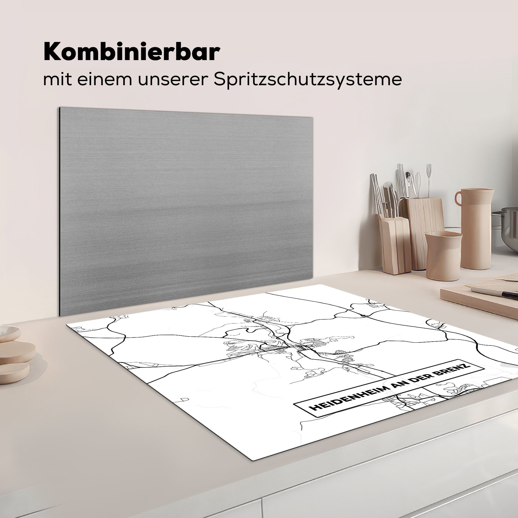 Stadtplan, Arbeitsplatte - Karte Brenz für Ceranfeldabdeckung, Herdblende-/Abdeckplatte (1 Heidenheim küche der tlg), cm, an Vinyl, 78x78 MuchoWow -