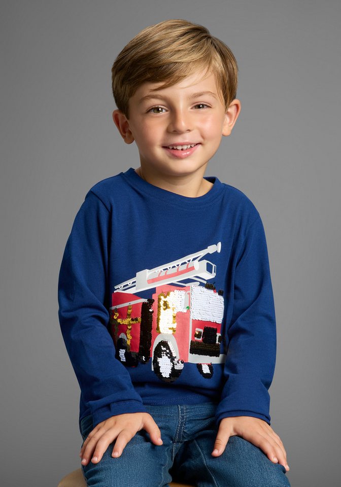 KIDSWORLD Langarmshirt Feuerwehr Pailletten Shirt Shirt mit Feuerwehr Wende-Pailletten