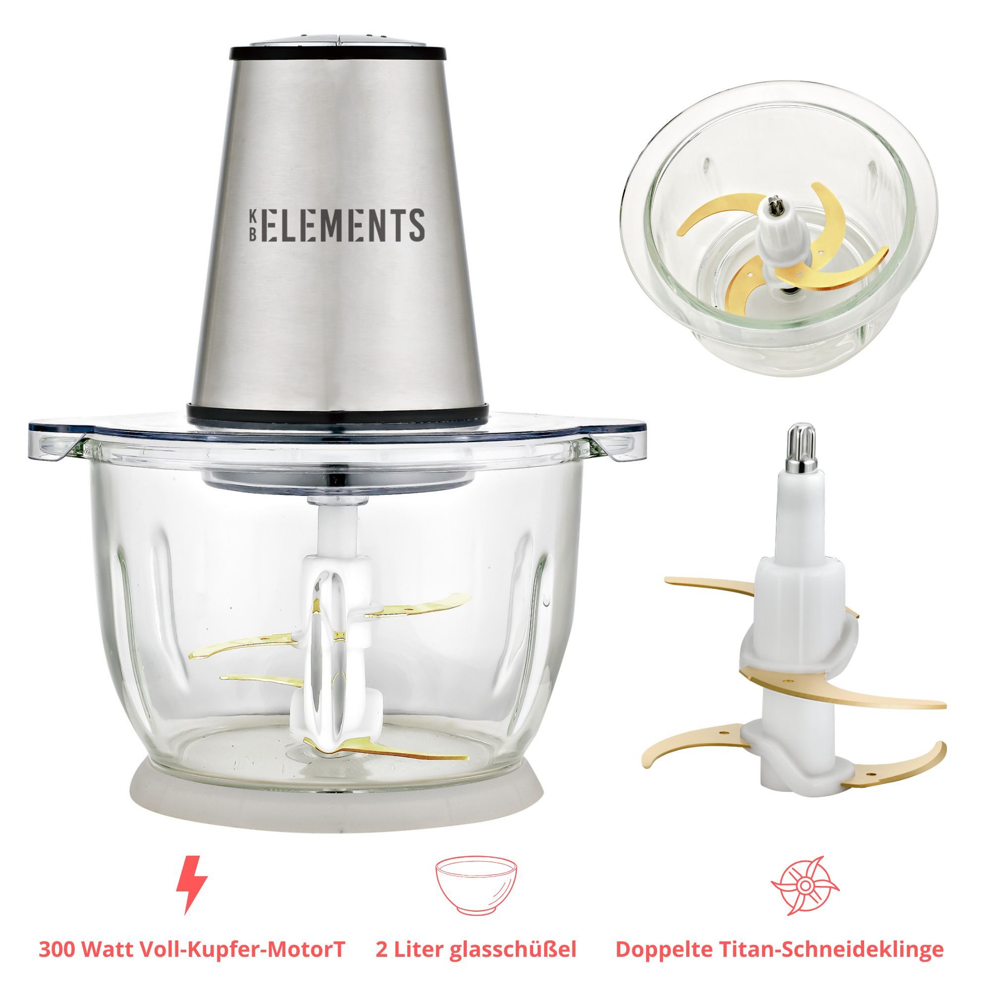 KB Elements Zerkleinerer ELK306FC, 300 W, 300 Watt Voll Kupfer Motor, 2 Liter Glasschüßel, Titan-Schneideklinge