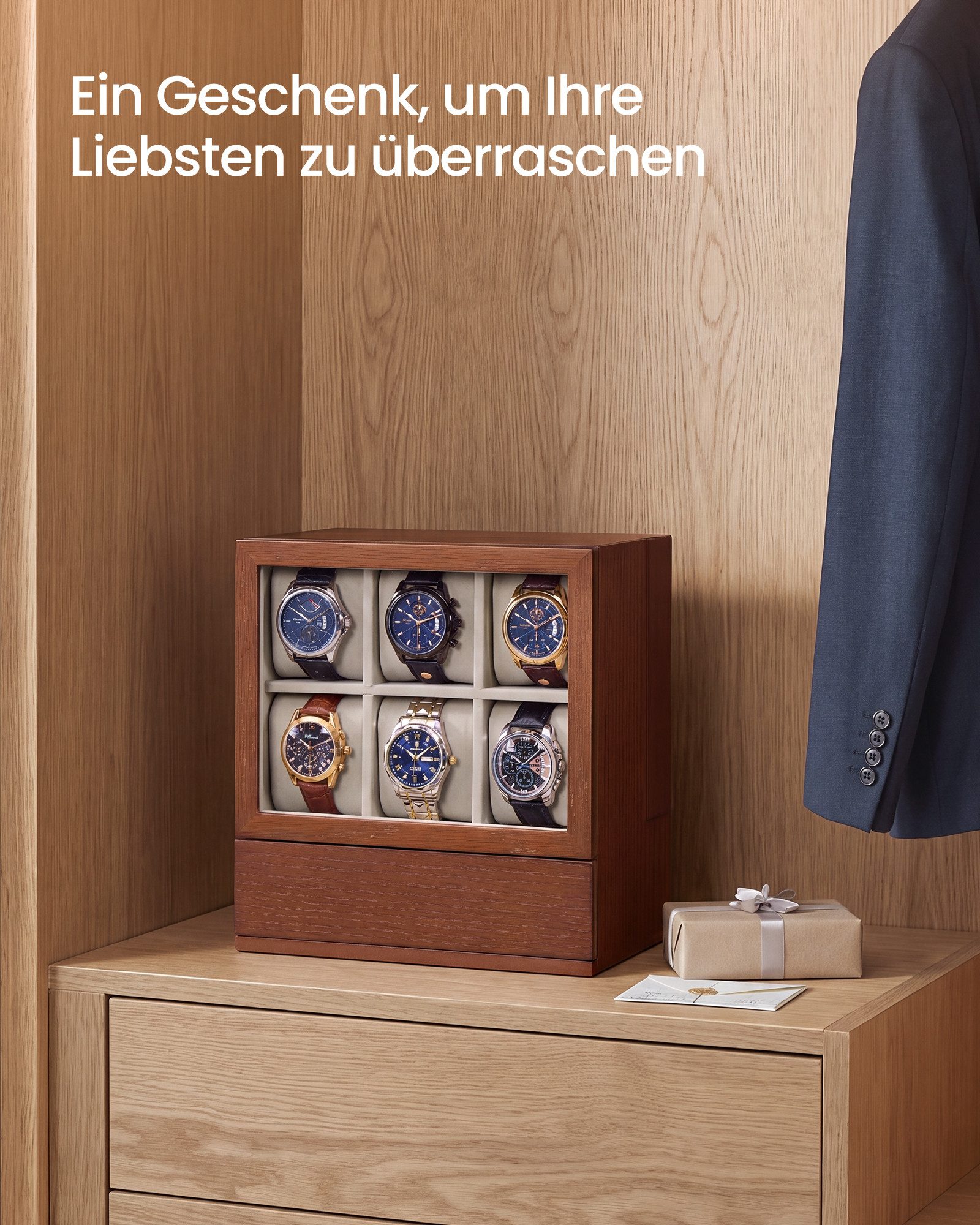 SONGMICS Uhrenbox Uhrenkasten, 6 Fächer, Geschenkidee, mit Fenster, Samtfutter, platzsparend, Massivholzfurnier – Bild 5 von 5