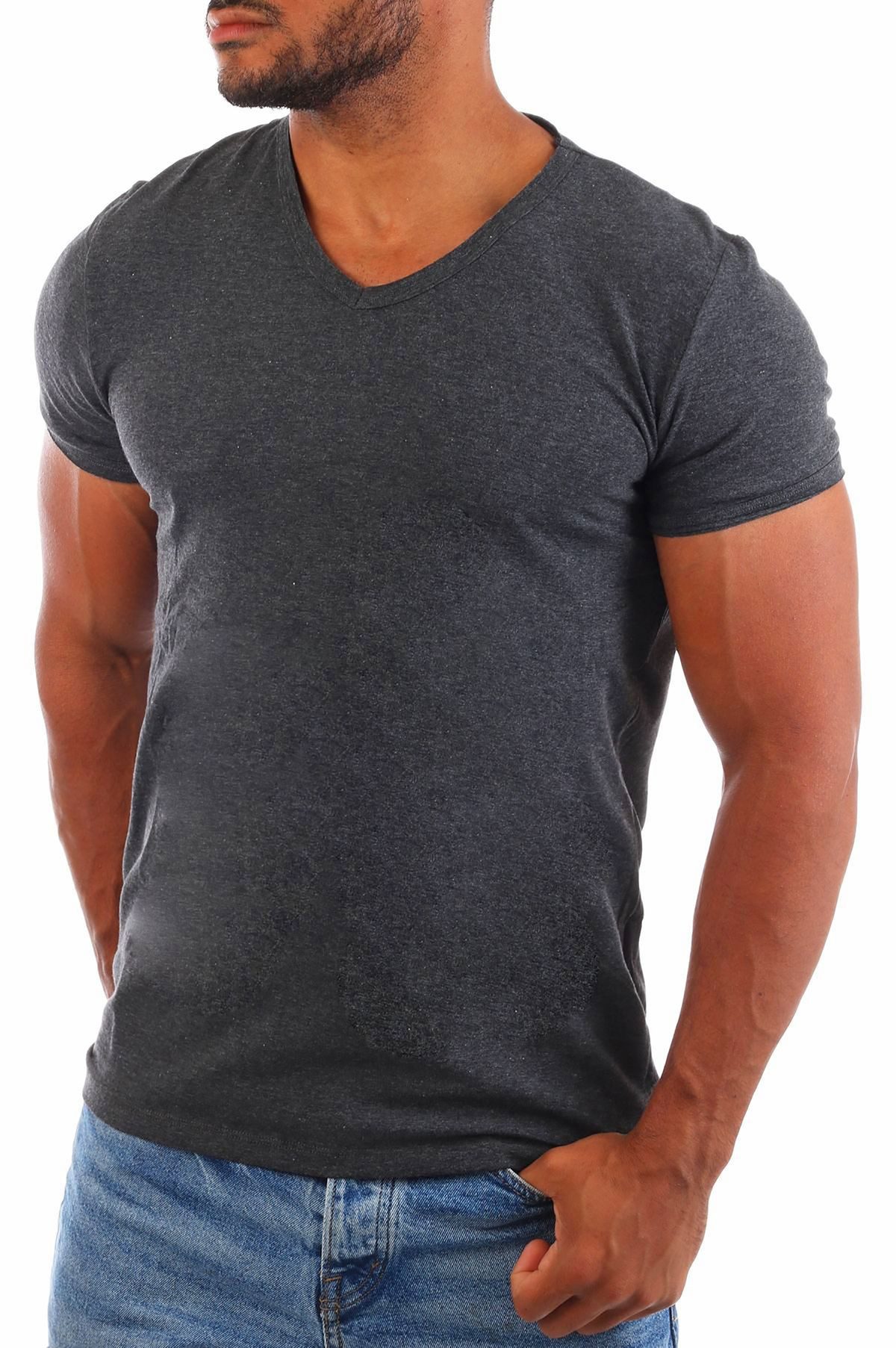 CARISMA T-Shirt Herren Uni Basic 4066 tief-breit geschnittener Ausschnitt vintage Look V-Ausschnitt unifarben kurzarm slim fit