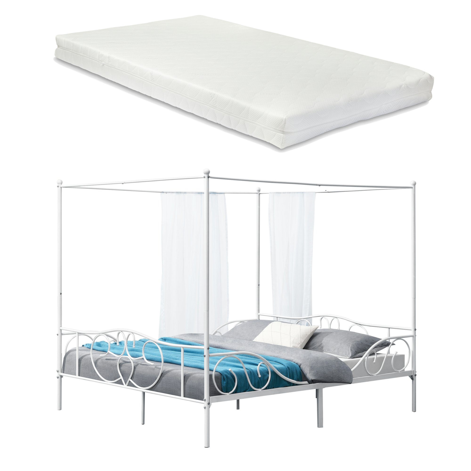 en.casa Himmelbett, »Finström« Doppelbett aus Stahl 180x200 cm mit Matratze Weiß