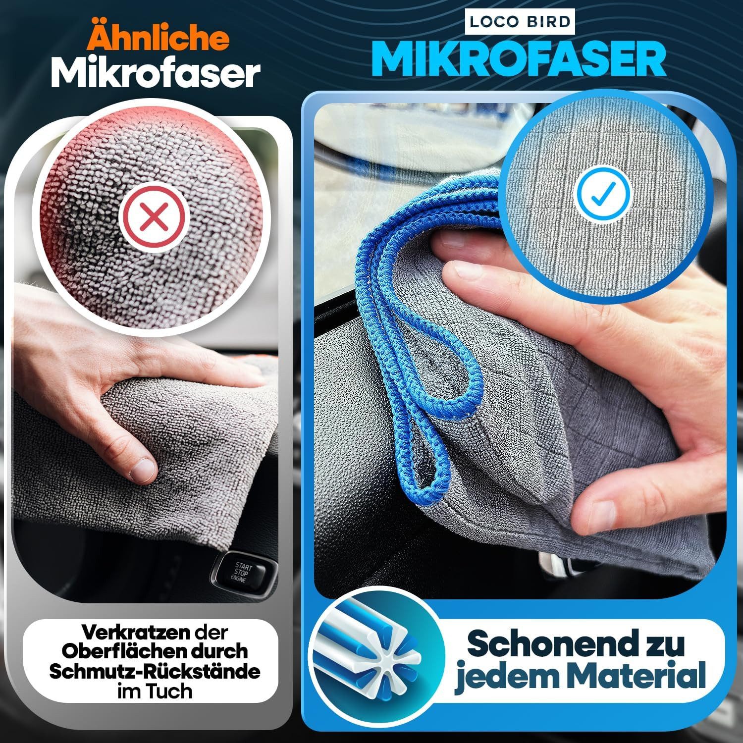 Loco Bird Microfasertücher in 380GSM - Auto & Haushalt fusselfreier Putztuch Bad Mikrofasertuch (40x40 cm, 6-tlg., Putztücher für Küche grau, Reinigungstücher - – Bild 3 von 5