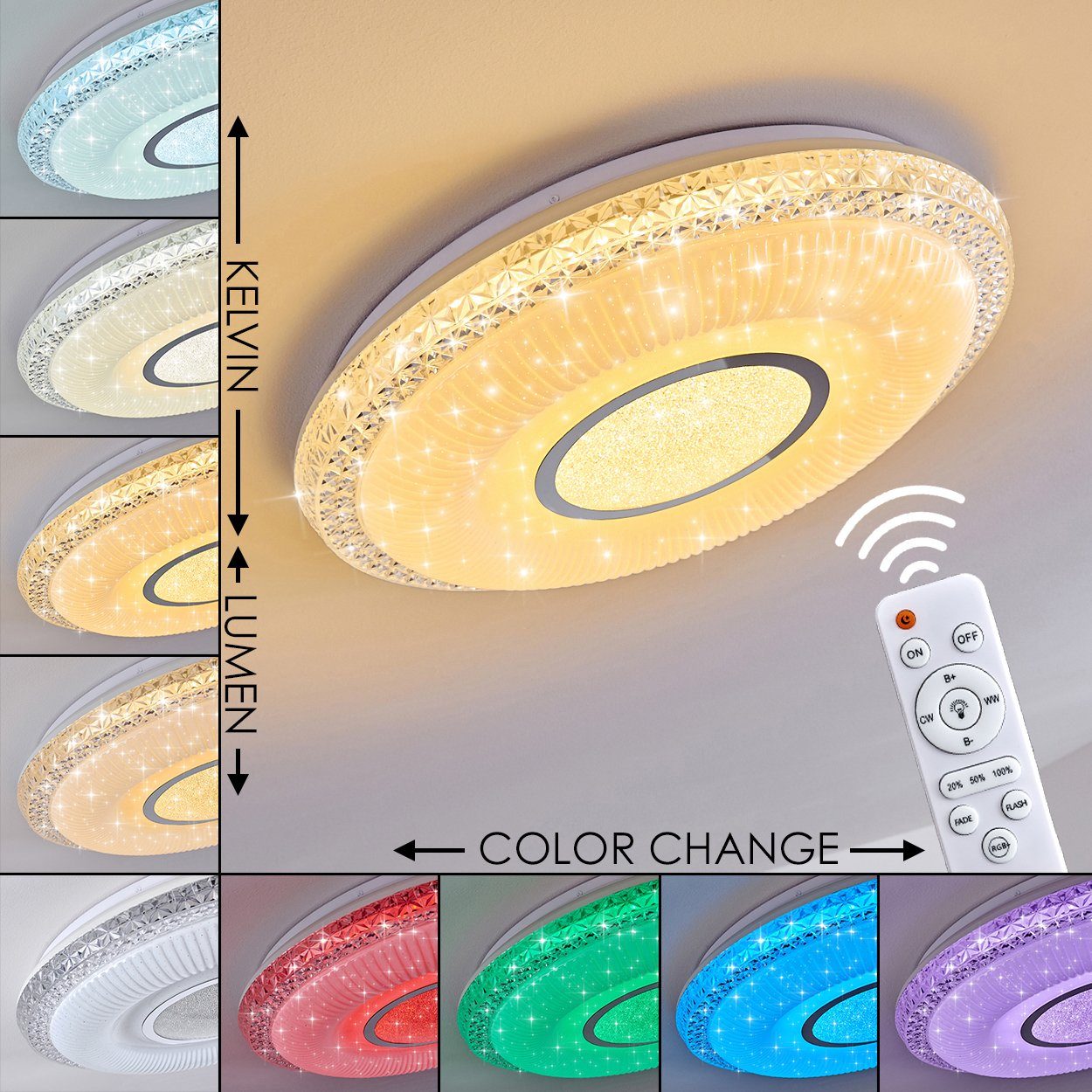hofstein Deckenleuchte »Faedis« dimmbare Deckenlampe, Metall/Kunststoff, Weiß, Glitzereffekt, RGB Kelvin, 42 Watt, 120-2140 Lumen, mit RGB Farbwechsler u. Fernbedienung