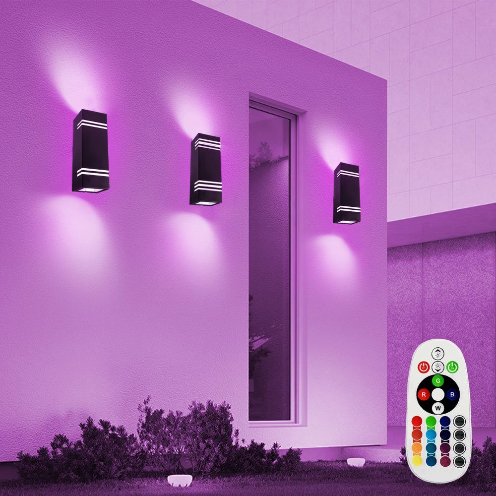 etc-shop Außen-Wandleuchte, Leuchtmittel inklusive, Warmweiß, Farbwechsel, 3er Set RGB LED UP DOWN Wand Leuchten schwarz Fernbedienung