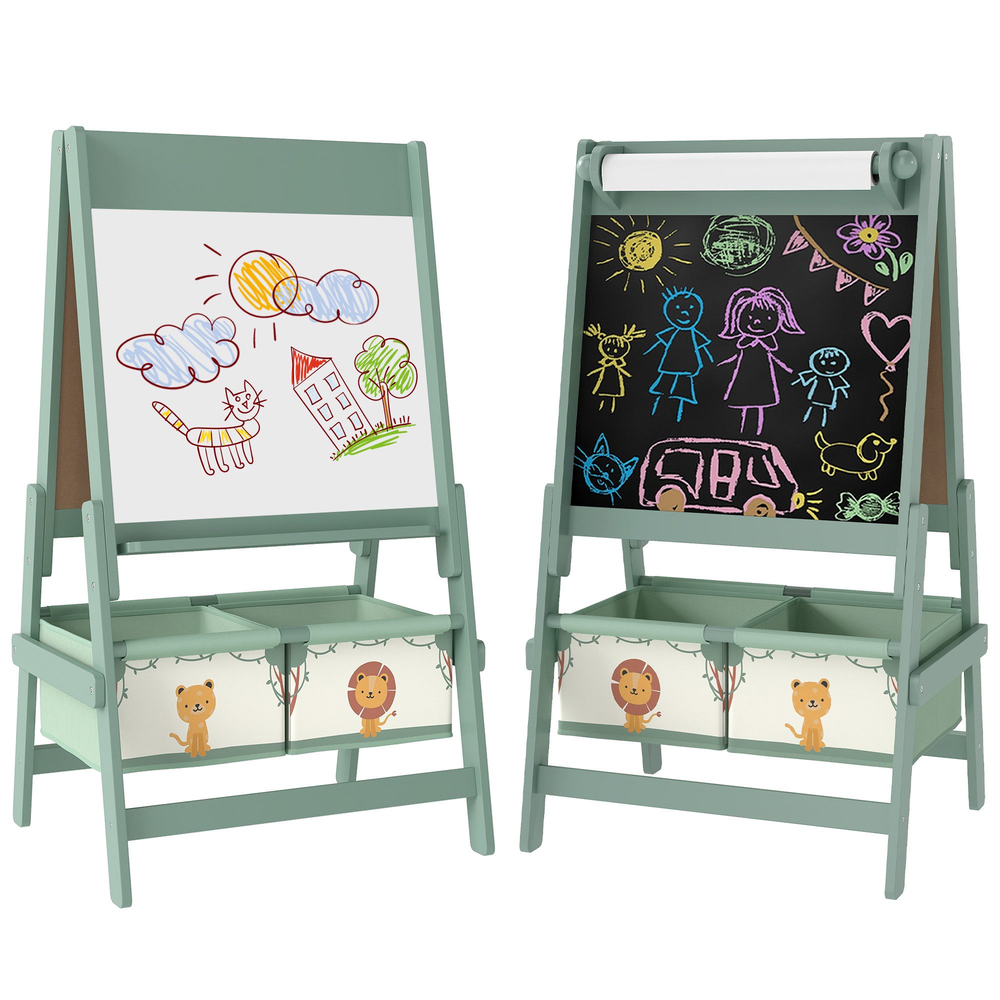 AIYAPLAY Tafel 3 in 1 Standtafel mit Kreidetafel, Whiteboard, (3 in 1 Kindertafel, 2-tlg., Kinder Staffelei), mit Löwen- und Tigermotiv, für Kinder 3-8 Jahre Grün
