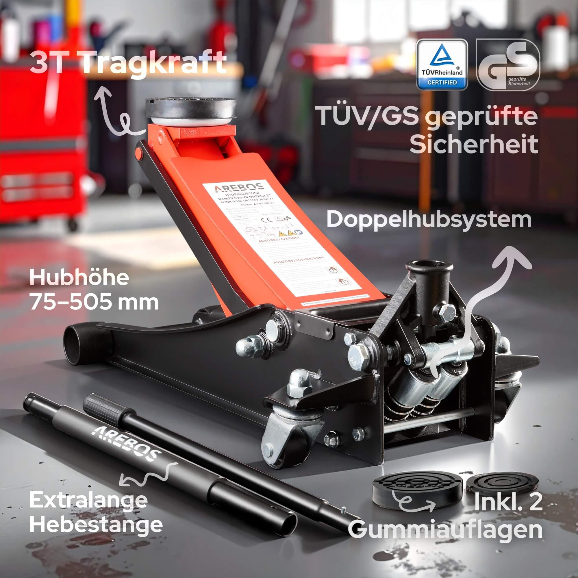 Arebos Rangierwagenheber 3T flach max. Hubhöhe 85-500 mm Hydraulikheber 3x Gummiauflage, max. Hubhöhe: 50,5 cm