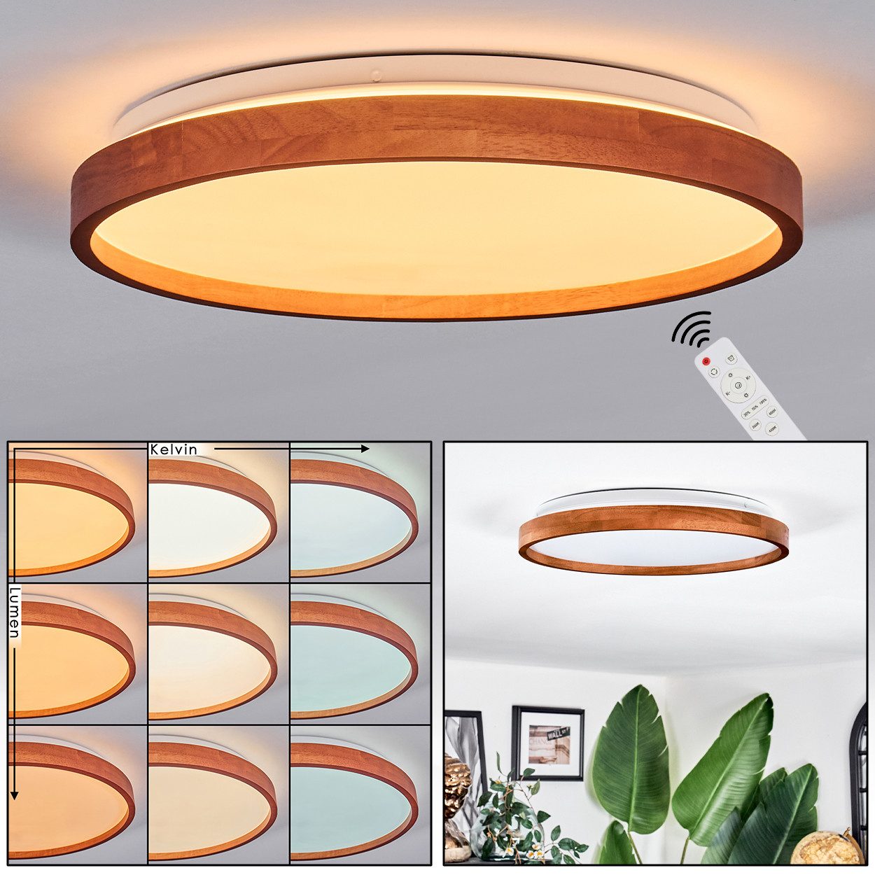 hofstein Deckenleuchte Deckenlampe aus Metall/Holz/Kunststoff in Natur/Braun/Weiß, ohne Leuchtmittel, Leuchte im moderne Design (39,5 cm), CCT einstellbar, Fernbedienung