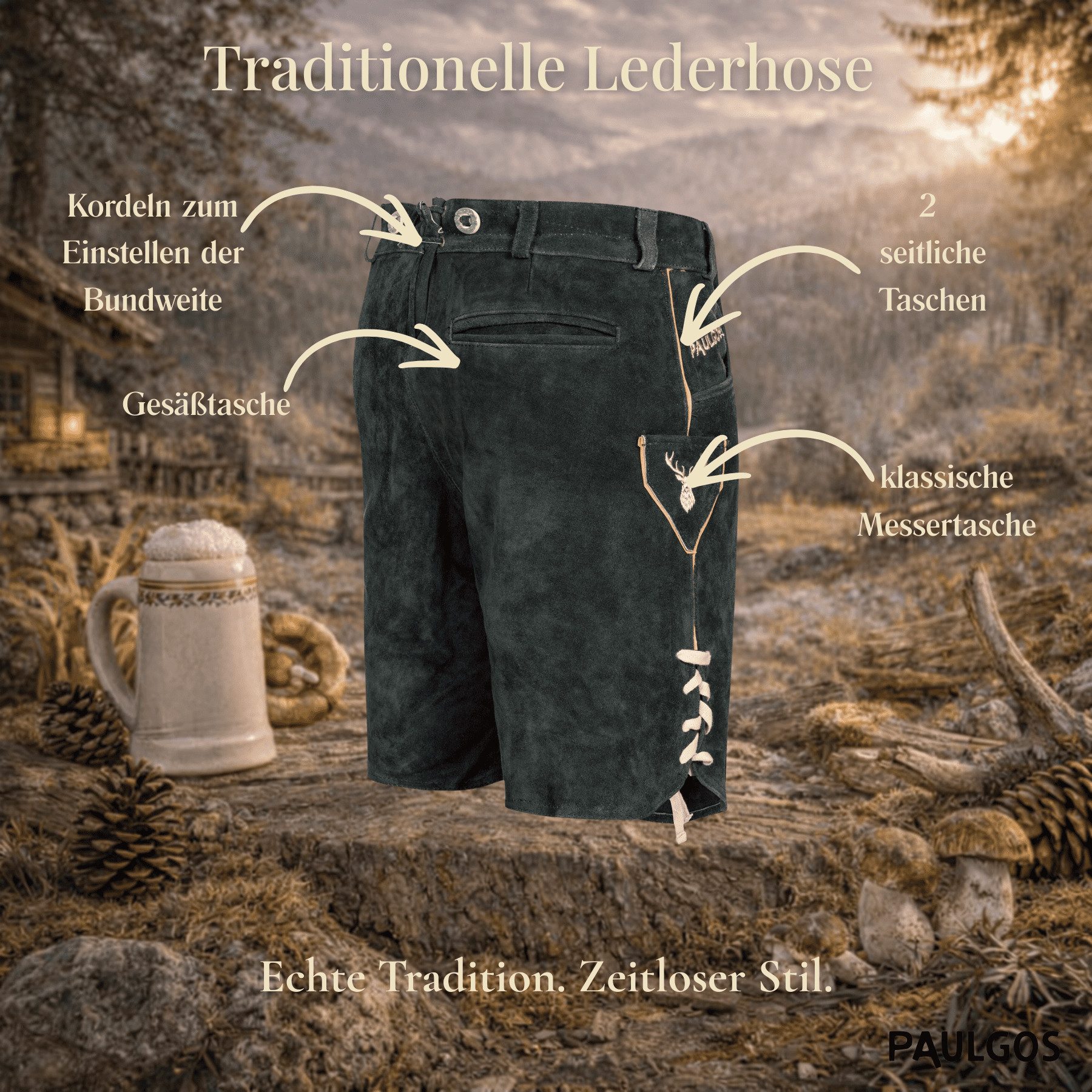 PAULGOS Trachtenhose Herren Lederhose Kurz mit Trägern 100% Echtleder - HK5 günstig online kaufen
