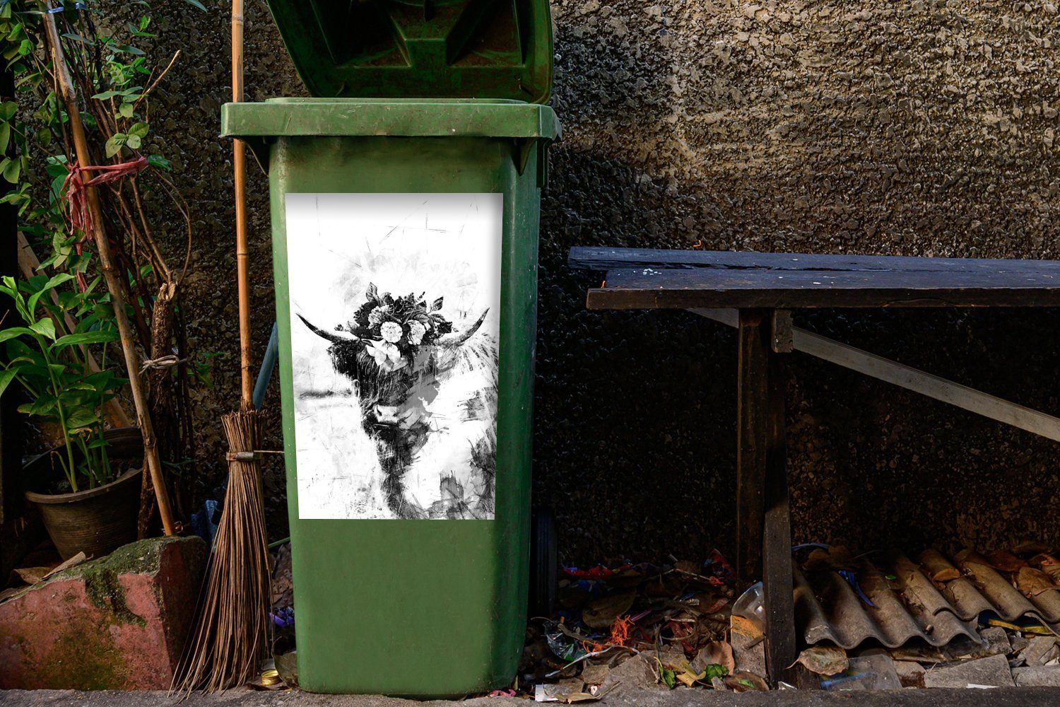MuchoWow Wandsticker Ausdrucksstarke Darstellung eines - Abfalbehälter (1 Highlanders Sticker, schottischen St), Container, Mülleimer-aufkleber, Mülltonne