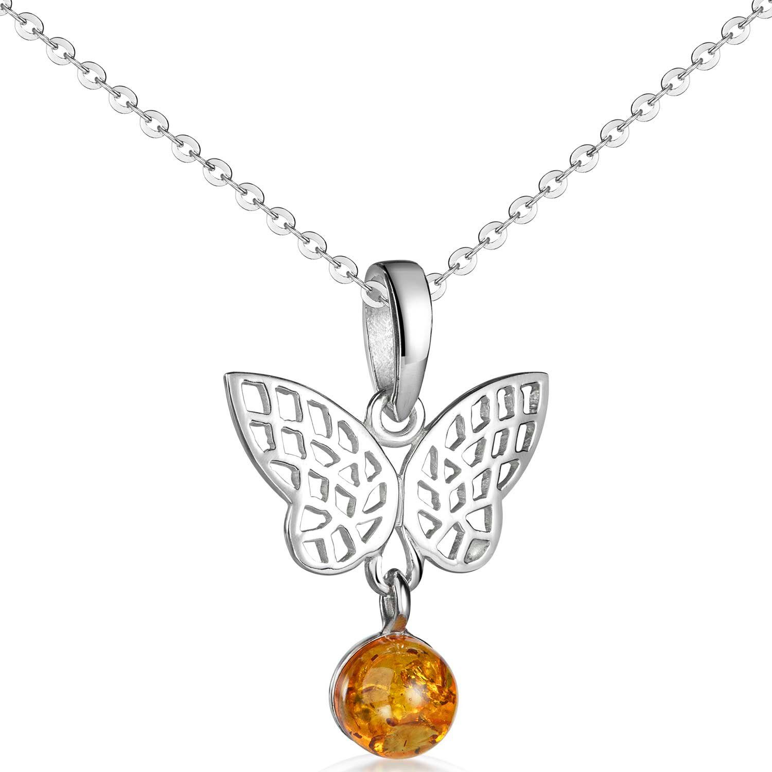 Materia Schmetterlingsanhänger Damen Silber Schmetterling Bernstein Braun Orange KA-487, 925 Sterling Silber