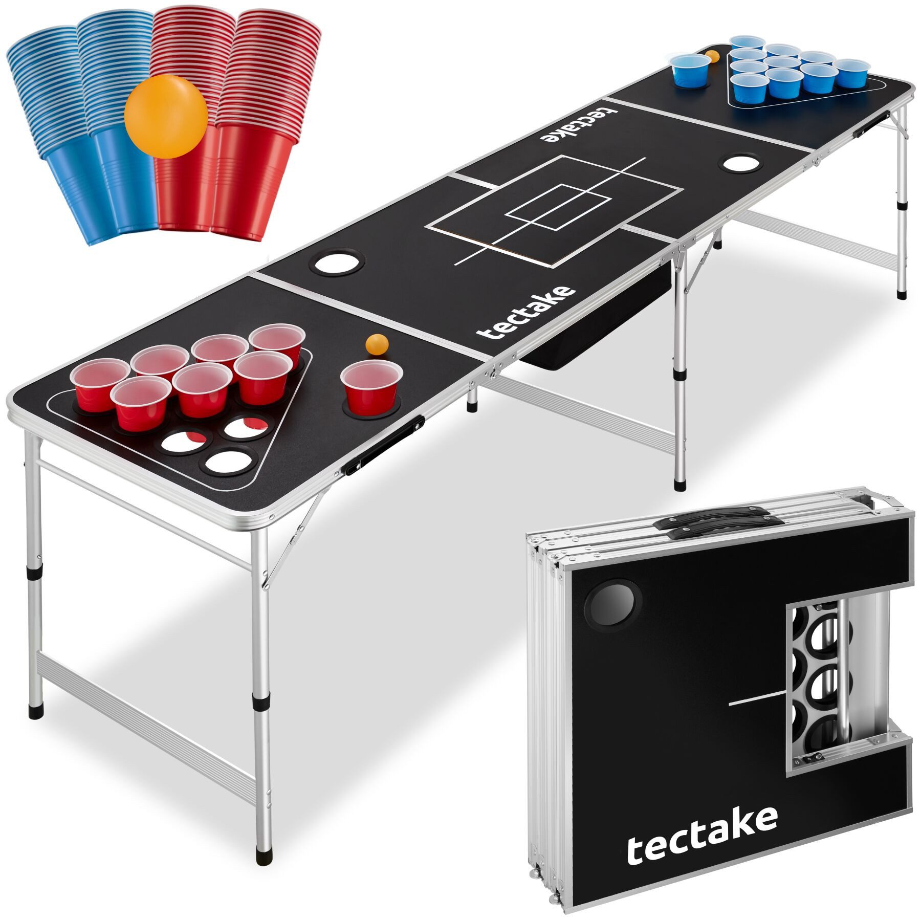 tectake Spieltisch Bierpongtisch mit Eisfach, inklusive 100 Bechern und 6 Bällen, (Beerpong-tisch Beer Ball Blitz), klappbar, höhenverstellbar, bodenschonend, praktische Tragegriffe