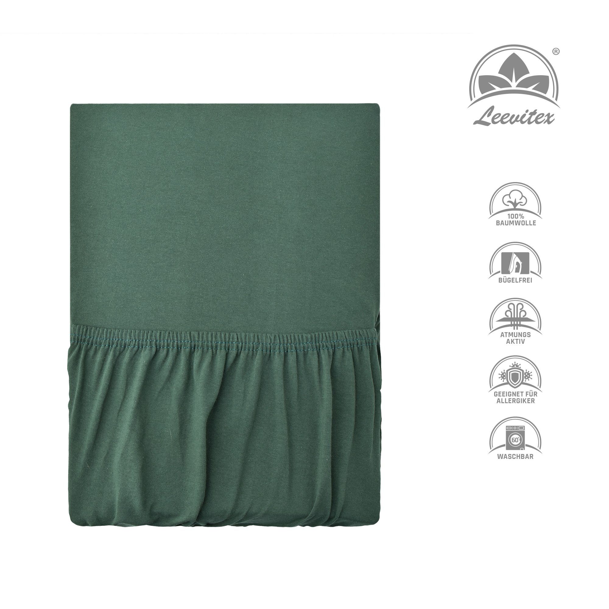 Jersey-Baumwolle, auch 170, Spannbettlaken Premium Tannengrün leevitex®, 100% geeignet / Boxspringbett dick, rundum, schwer Dunkelgrün Gummizug: und