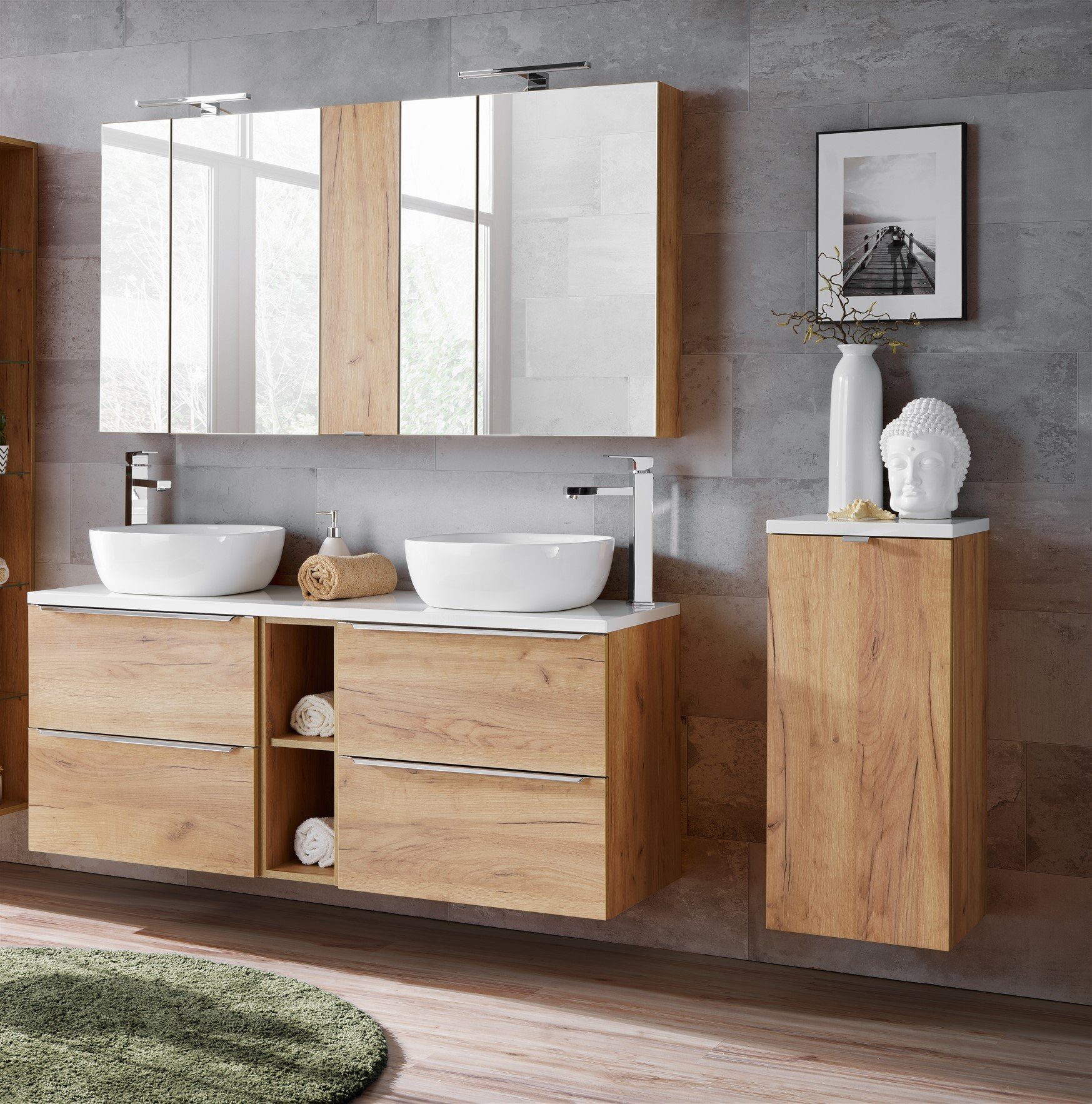 Fun Möbel Badezimmer-Set Badmöbel PERUGIA Gold Eiche mit oder ohne 2 x Waschbecken, (Komplett-Set oder Spar-Set, 8-St), Schubladen und Türen mit Soft-Close-System