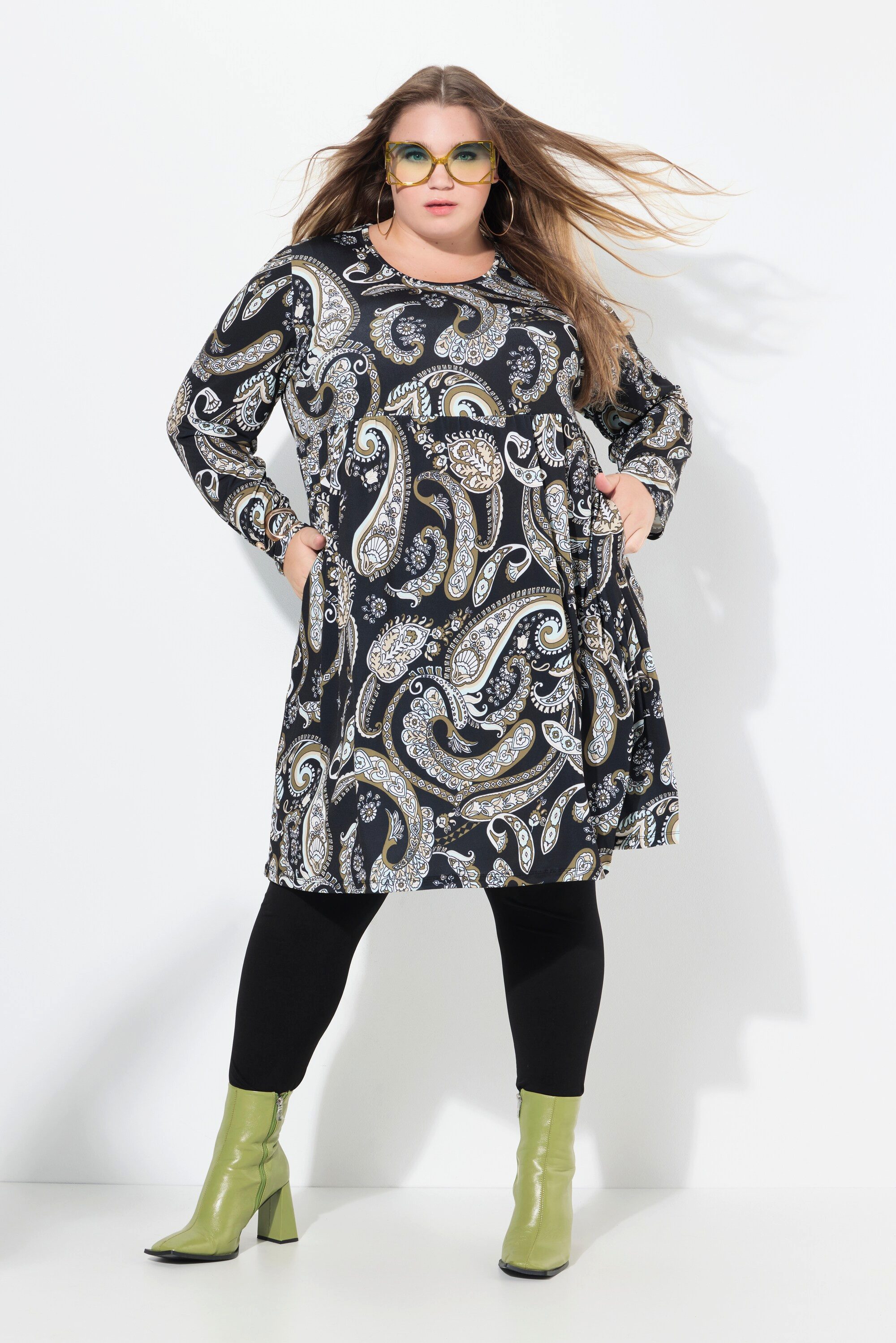Ulla Popken Midikleid Jerseykleid Paisley A-Linie Rundhals Langarm