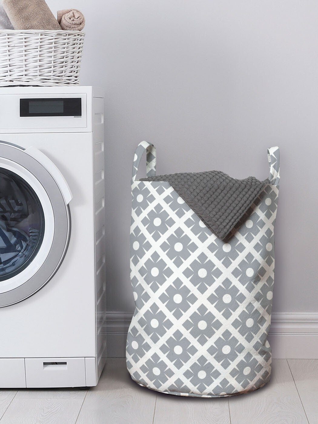 Wäschekorb Quadrate Kreise Diagonal für mit Waschsalons, Abstrakt Griffen Wäschesäckchen Kordelzugverschluss Abakuhaus