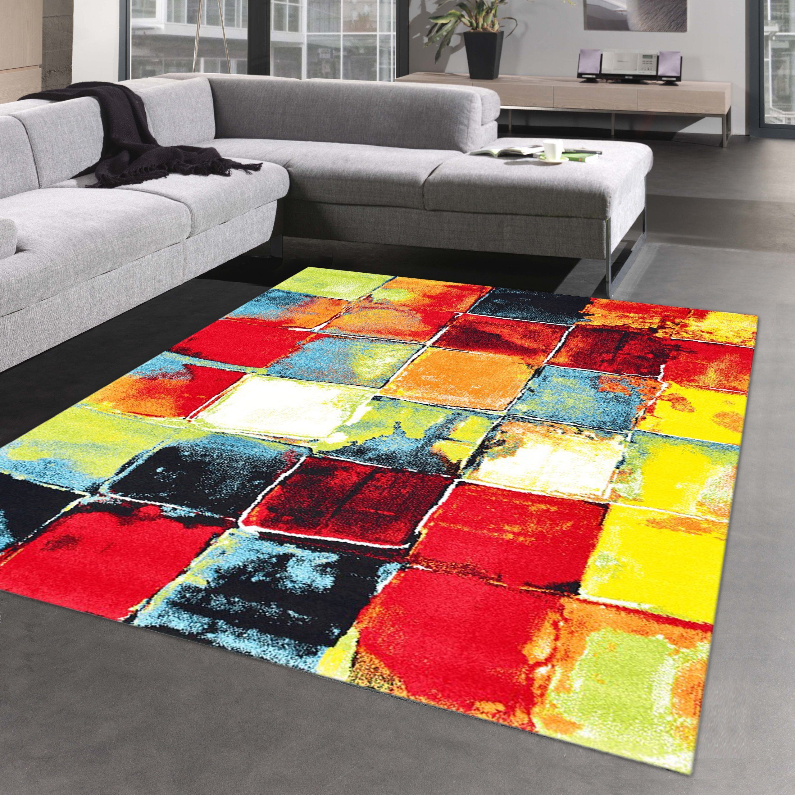 Carpetia Teppich Moderner Designer Teppich mehrfarbige Quadrate orange grün, rechteckig, Höhe: 13 mm, Allergiker-freundlich