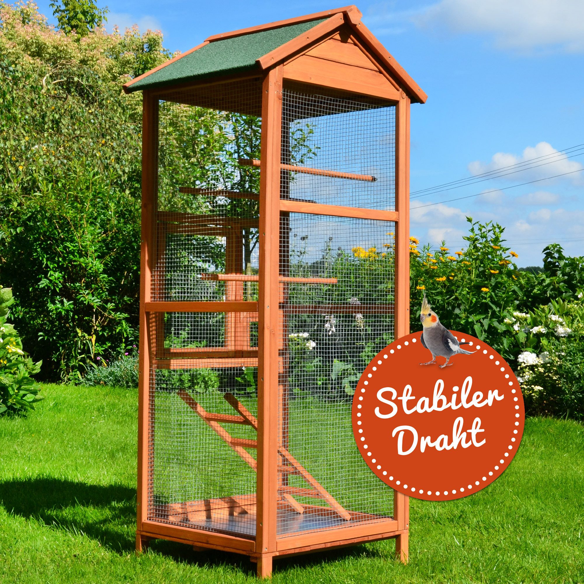 Zooprinz Vogelhaus Vogelvoliere Modell M L oder XL, Bitumendach, Kotschublade, Massives Kiefernholz