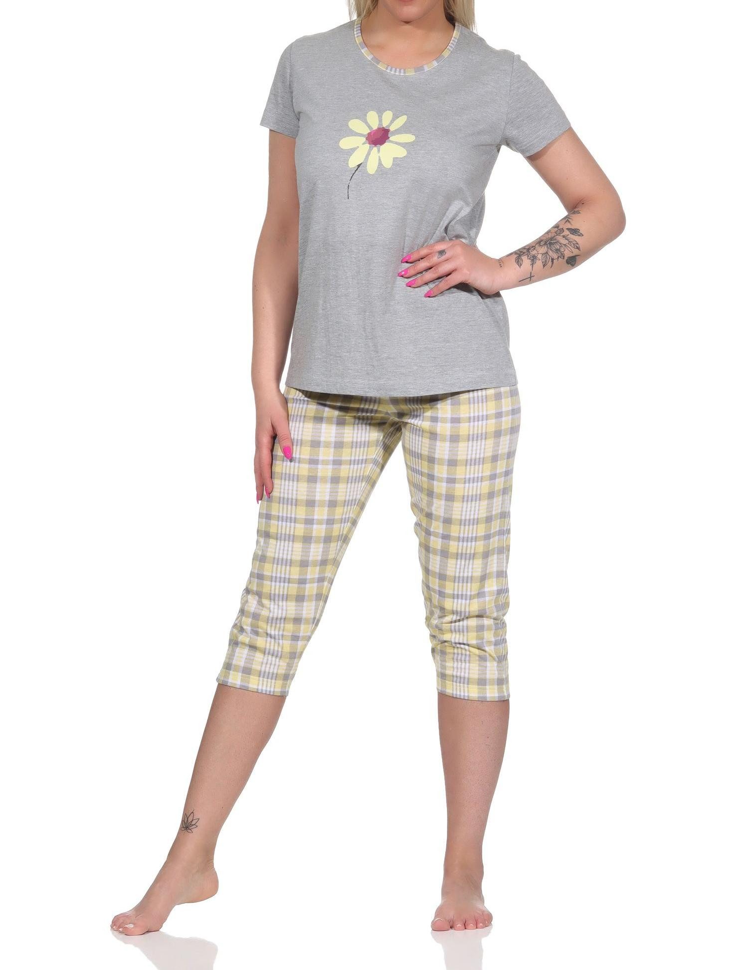Normann Pyjama Damen Capri Schlafanzug Pyjama mit Front-Print und Karo Caprihose