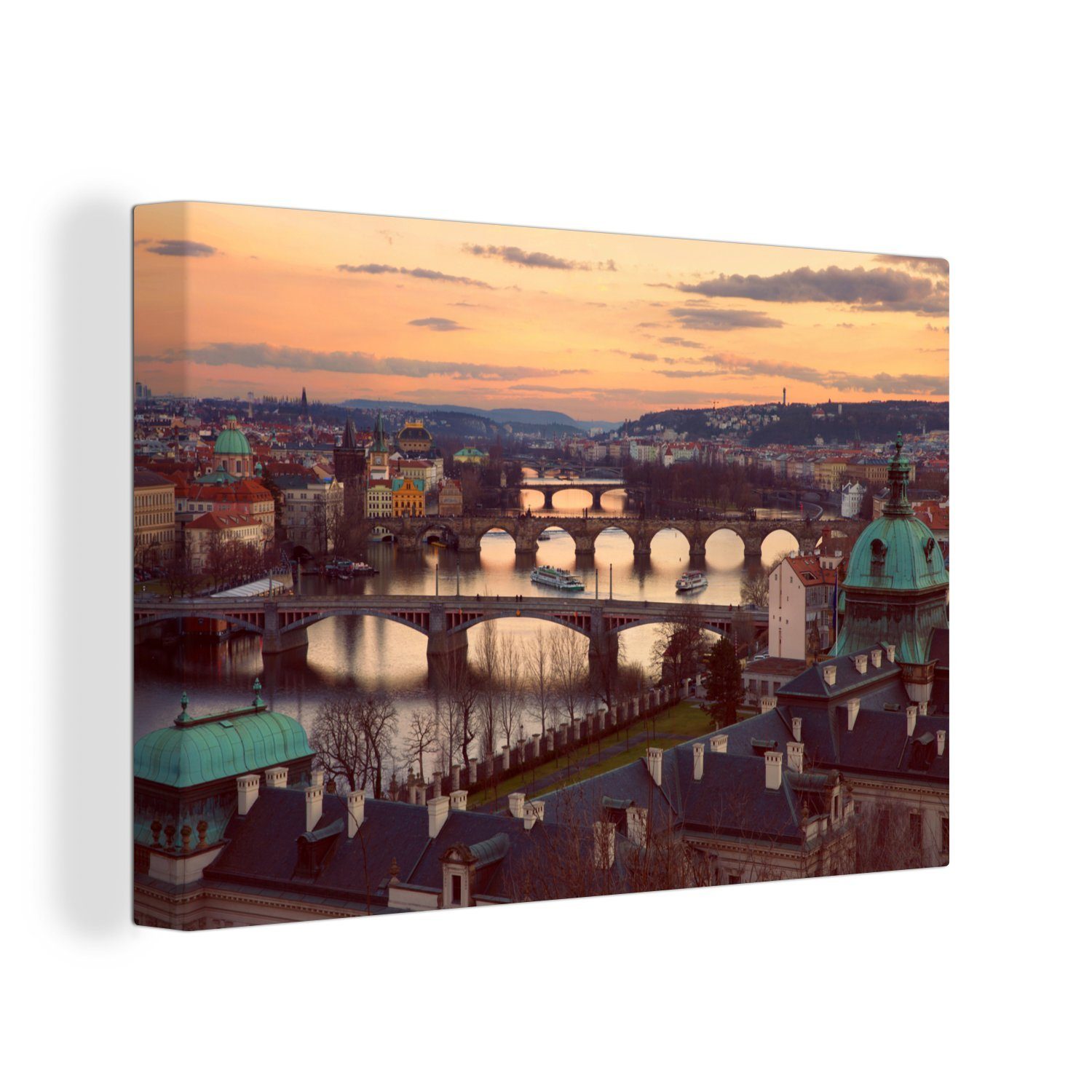 (1 - Wanddeko, St), Prag OneMillionCanvasses® 30x20 Leinwandbild Aufhängefertig, Wandbild Leinwandbilder, cm - Sonnenuntergang Brücken,