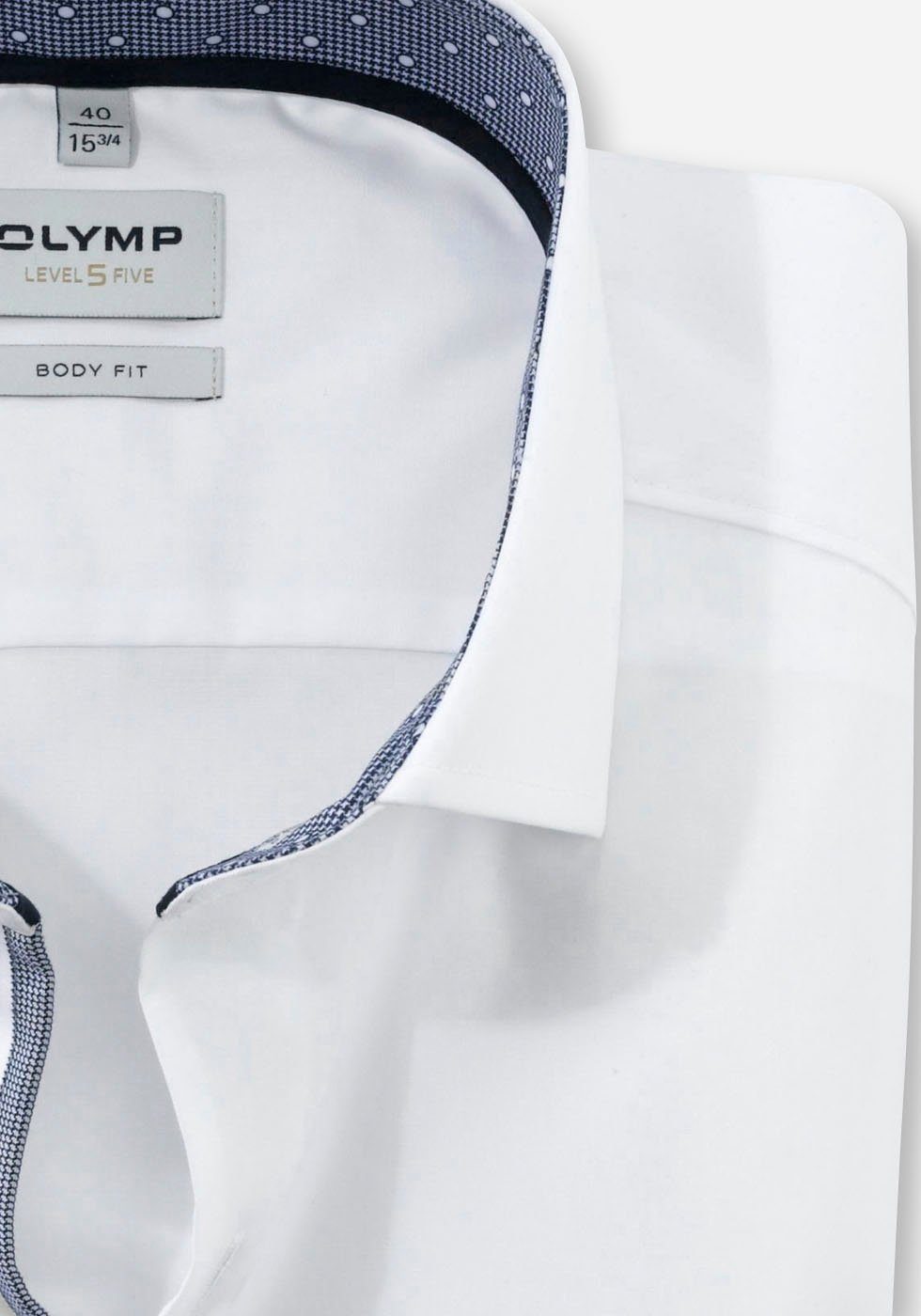 fit Businesshemd Level gemusterter Five body weiss mit OLYMP Krageninnenseite