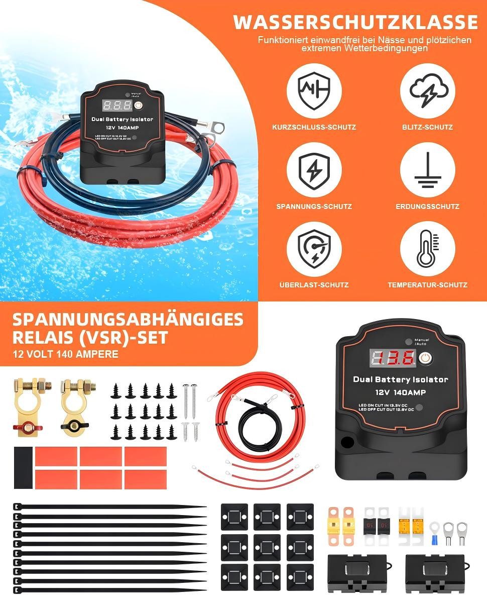 PRIISF Relais-Modul Auto KFZ Doppelbatterie Isolator Trennrelais Split Charge Kit 12V 140A, (vollautomatisches Batterie Trennrelais mit LCD Display), Automatisches Ladegerät mit Kupfer Kabel für Auto LKW Wohnmobile Boote