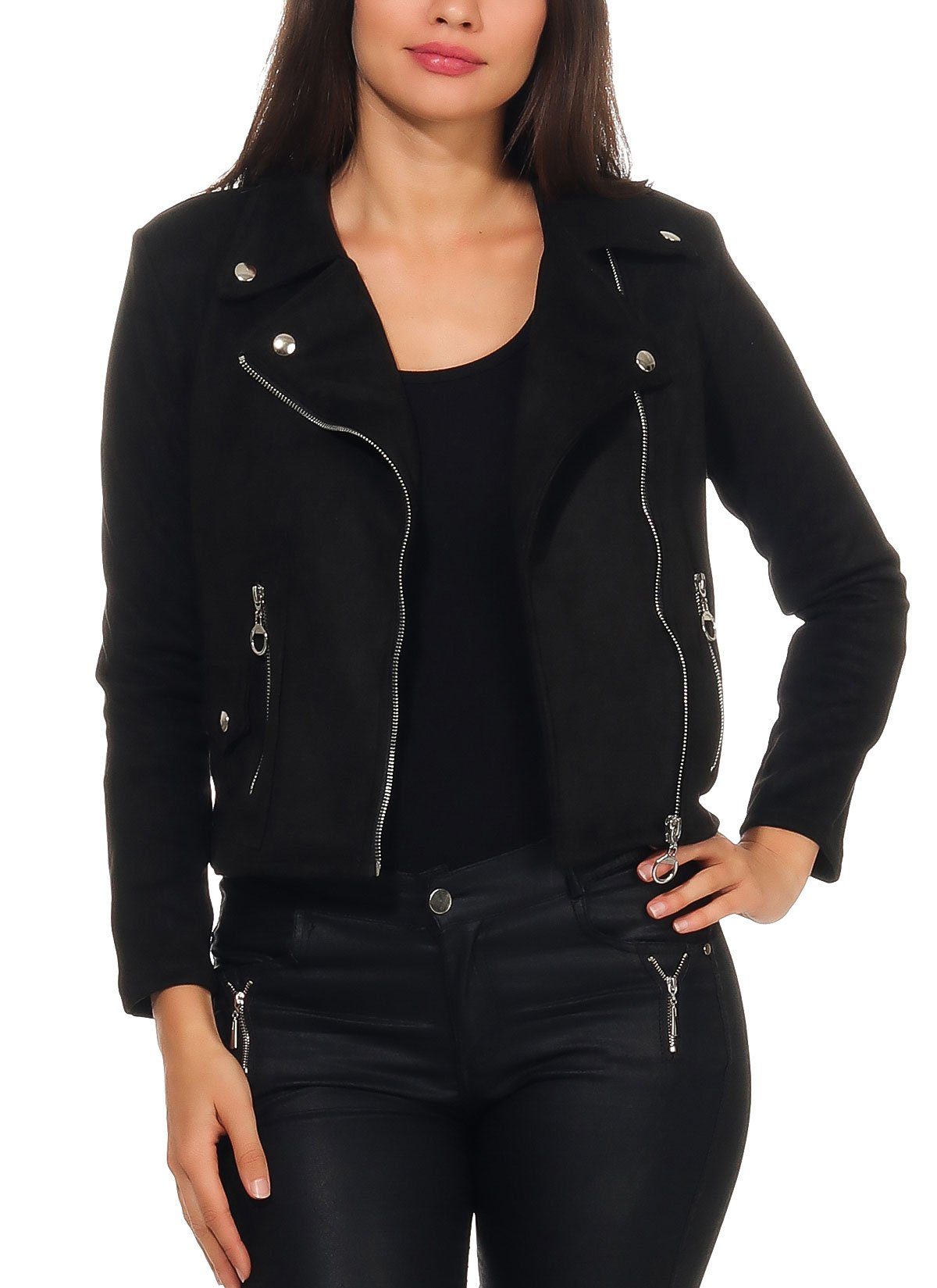 malito more Lederimitatjacke Bikerjacke fashion Reversekragen mit Slim 19617 Fit than schwarz