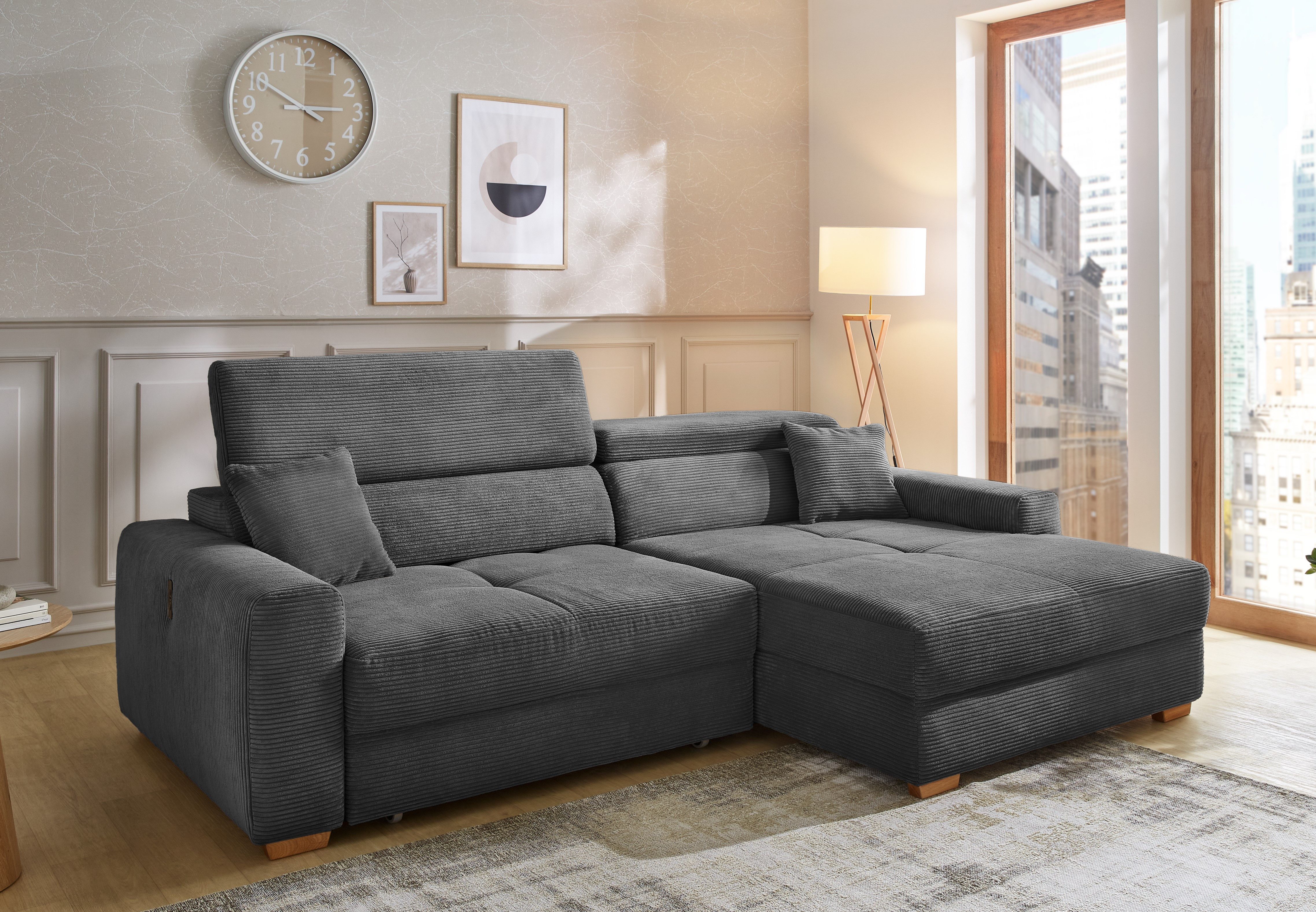 Jockenhöfer Gruppe Ecksofa Slider L-Form, B: 277 cm Couch, 60cm elektrische Sitztiefenverstellung, 140kg Belastbarkeit, USB-Anschluss, Kopfteilverstellung & Zierkissen