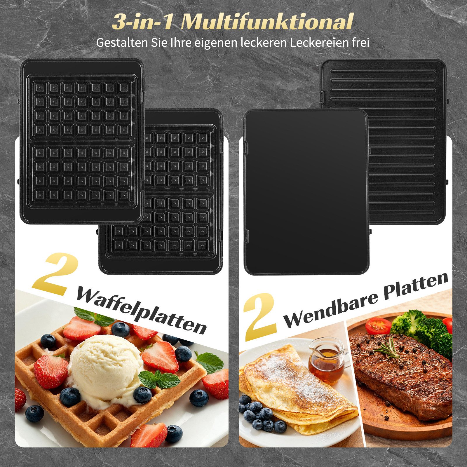 Aigostar 3-in-1-Kombi-Waffeleisen Waffeleisen, Kontaktgrill & Sandwichmaker, keram.Antihaftbeschichtung, 1500 W, einstellbare Temperatur, Multifunktionsgerät mit abnehmbaren Platten