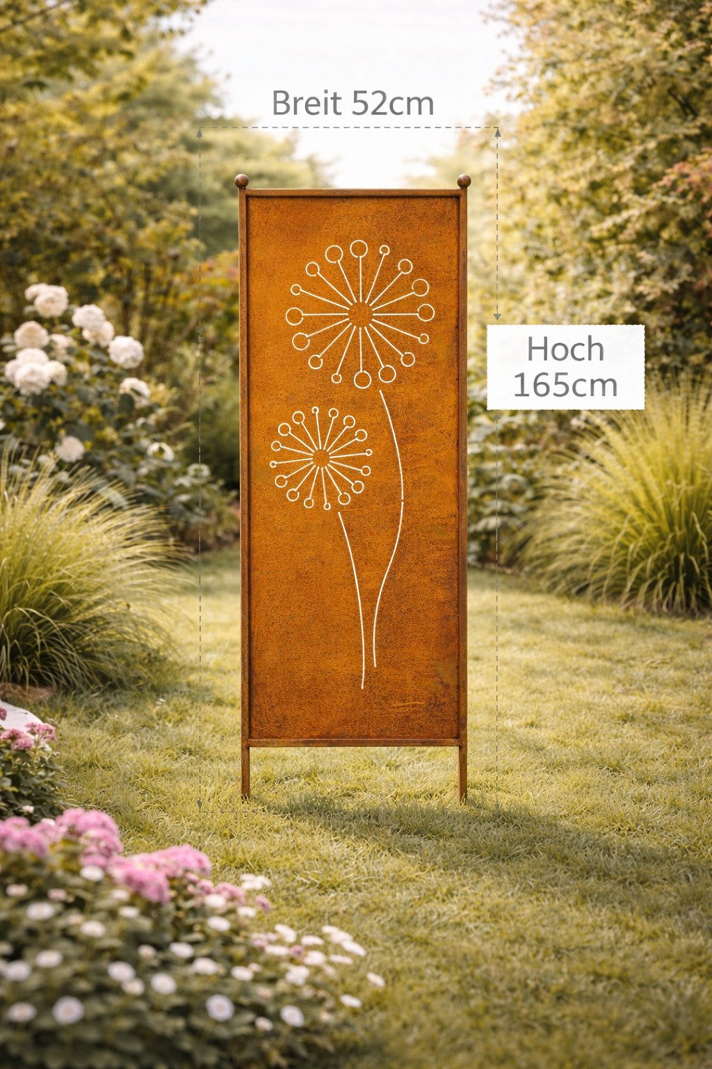 finehomegarden Gartenstecker Stele Metall Pusteblume Sichtschutz Edelrost Windschutz Outdoor H165cm B52cm Dekowand Garten / Paket-Sperrgut – Bild 3 von 3