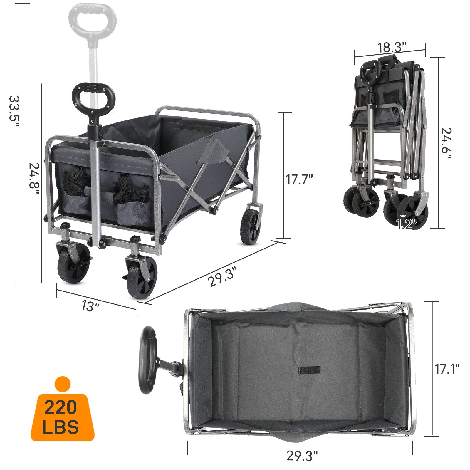 Thumbnail - VINGLI Handwagen Bollerwagen Faltbar, 100 kg Tragkraft, 600D Oxford-Stoff, Stahlrahmen, Transportwagen Klappbar, 74,5×45...