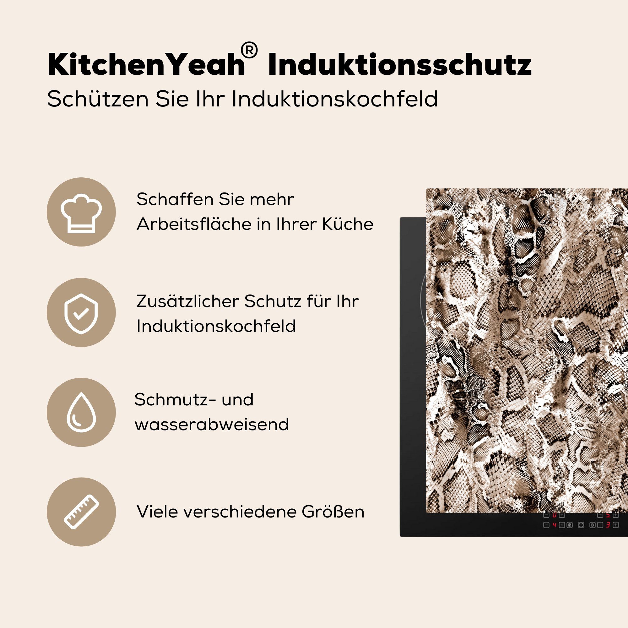 MuchoWow Herdblende-/Abdeckplatte Tiermuster Induktionskochfeld - Ceranfeldabdeckung Vinyl, Schuppen cm, die Schlange für - 71x52 Schutz tlg), küche, (1 Braun, 
