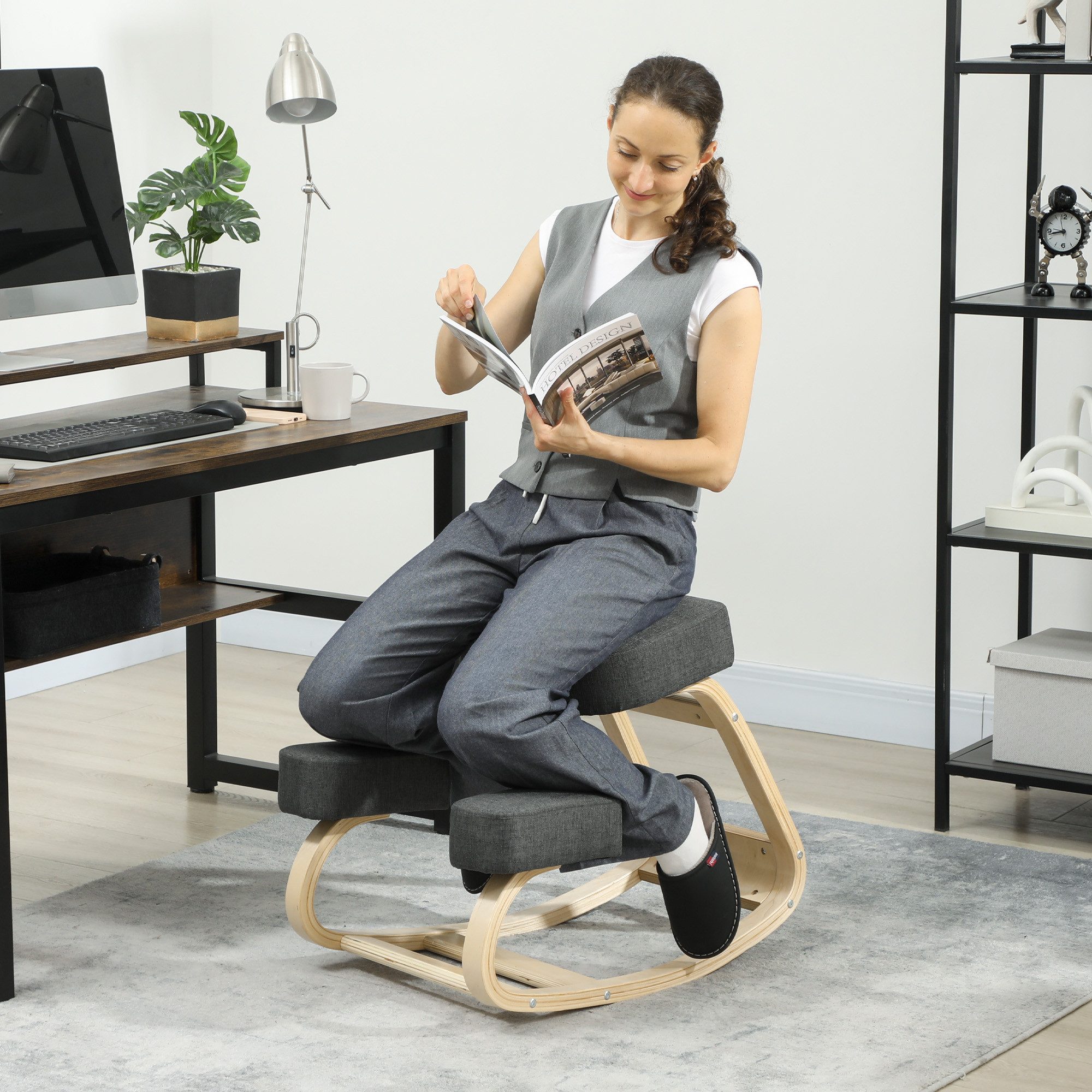 Vinsetto Stuhl Kniehocker Gesundheitsstuhl für Zuhause, Büro, Dunkelgrau (Gesundheitsstuhl, 1 St), Ergonomischer Kniestuhl aus Birke, Sitzhöhe verstellbar