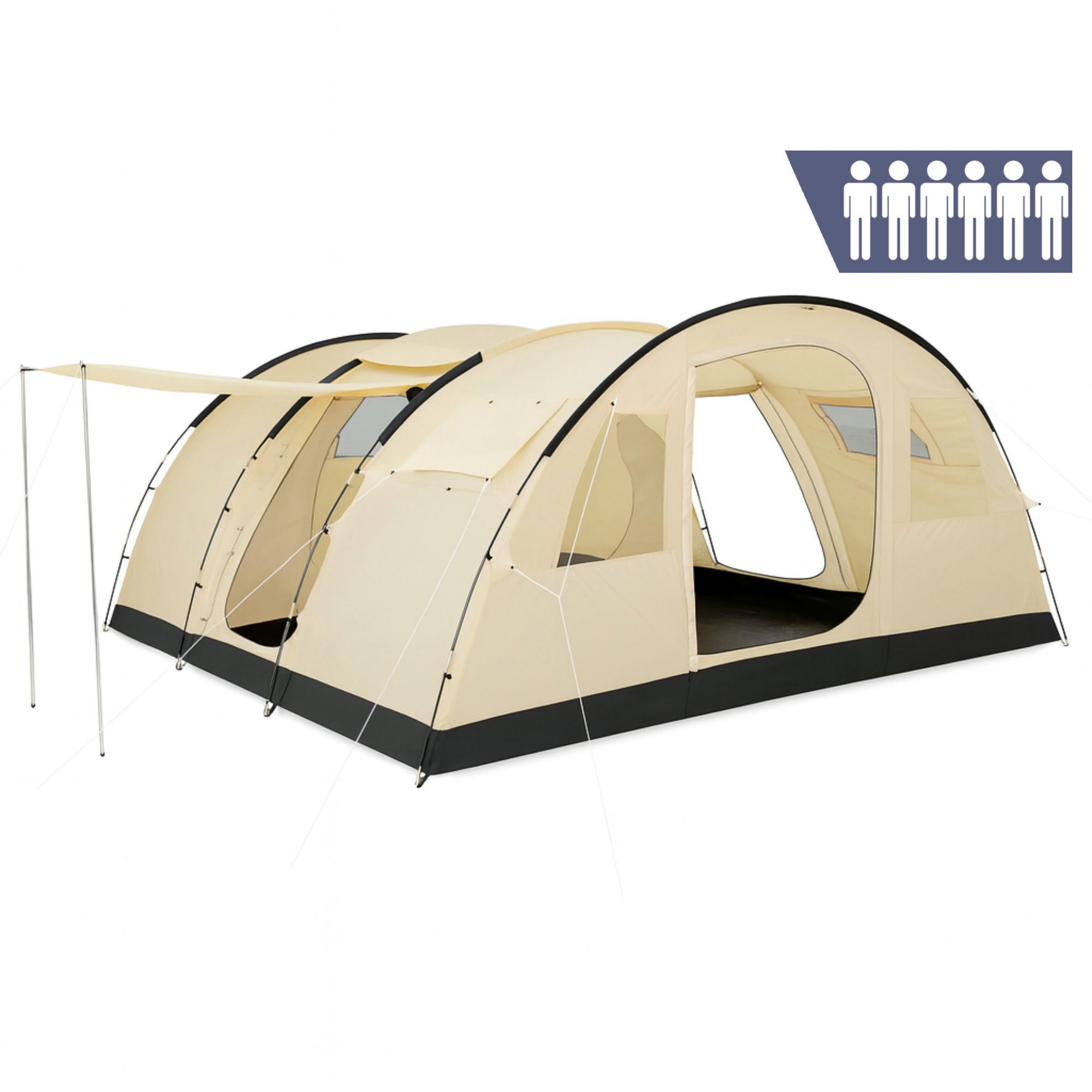 CampFeuer Tunnelzelt Zelt Caza für 6 Personen, Beige/Sand, XXL Tunnelzelt mit Vorraum, 5000, Personen: 6